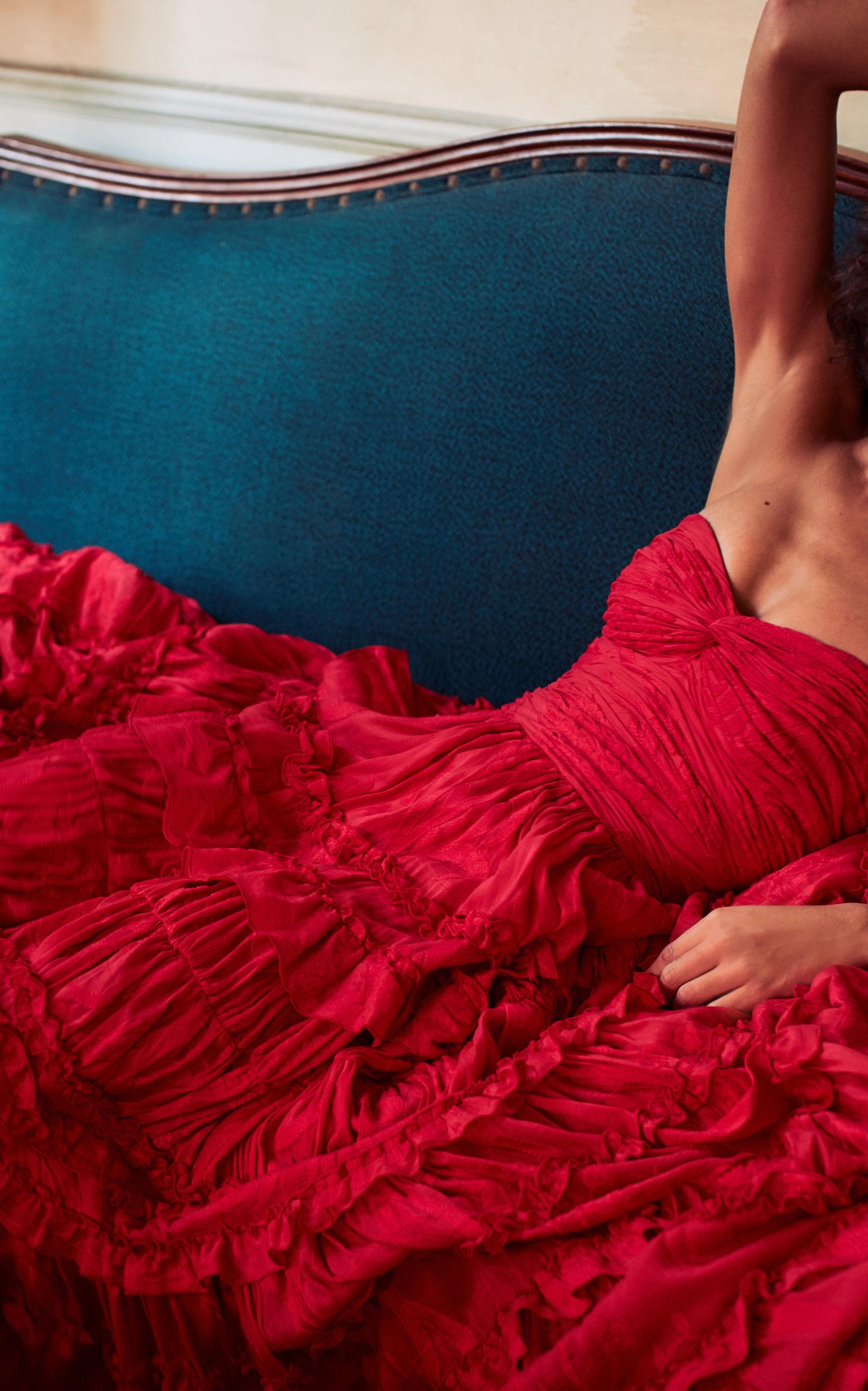 Alexis Allora Ruffled Linen And Silk Blend Gown in Red | Lyst