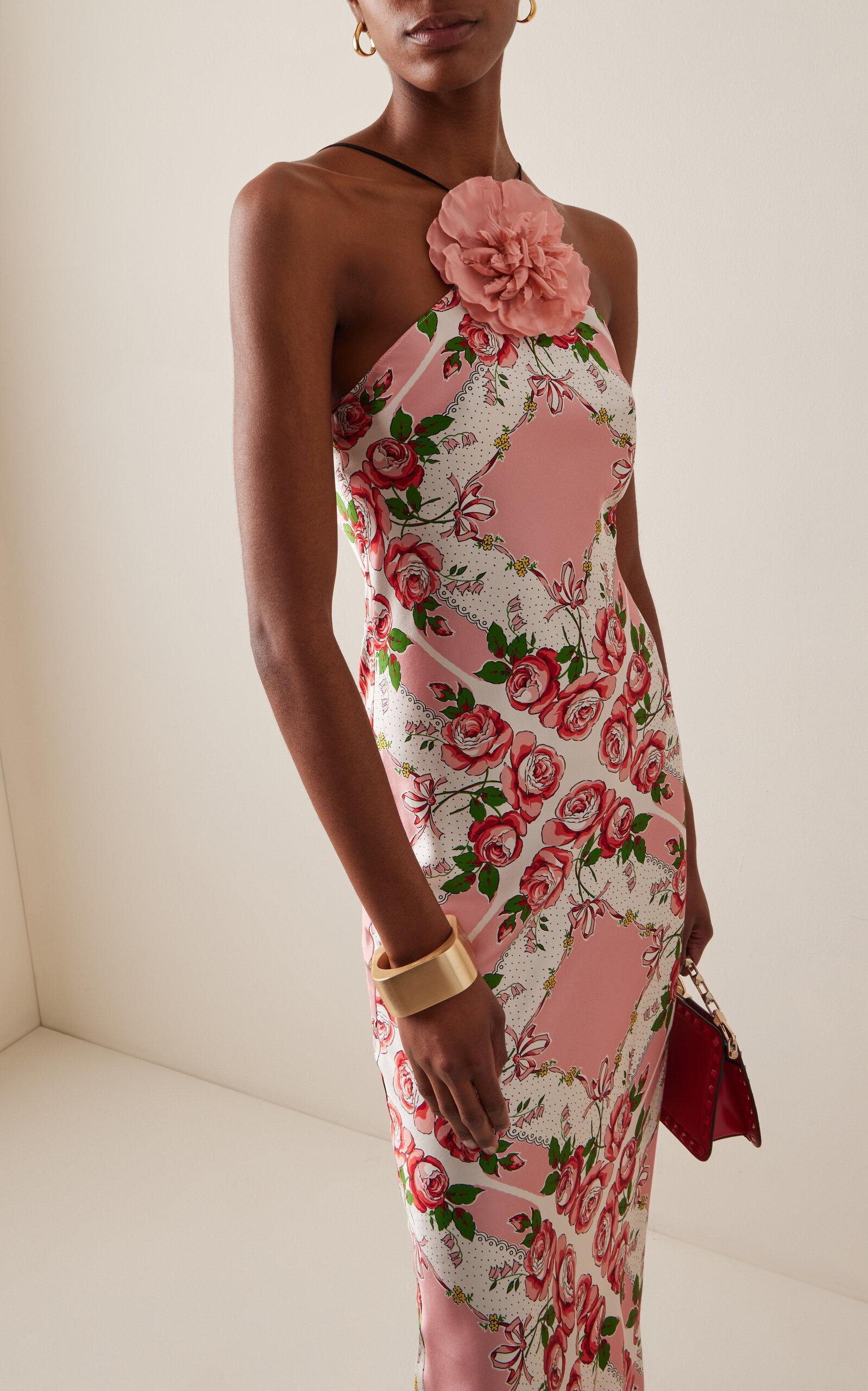 Rodarte Floral-detailed Rose-printed Silk-satin Slip Gown in White
