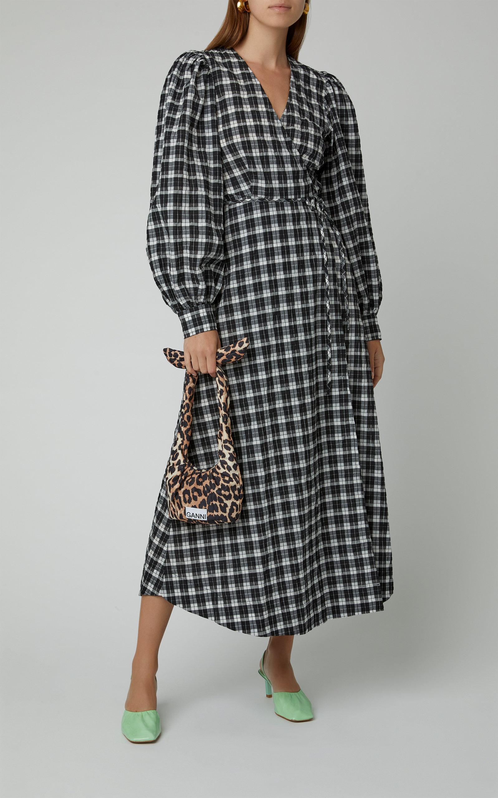 Ganni Cotton Seersucker Check Wrap Midi Dress - Lyst