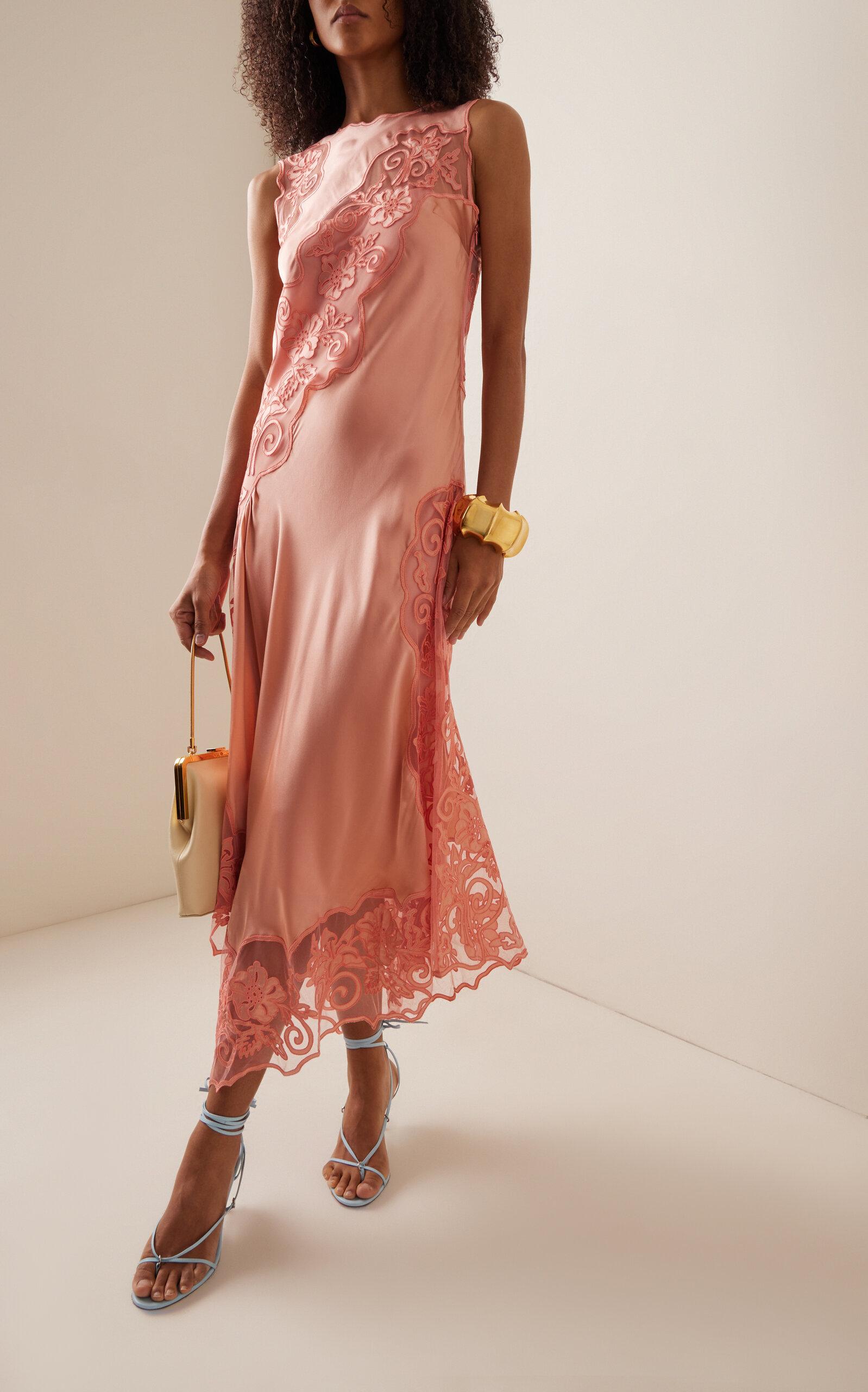 ulla johnson pink silk dress Ulla Johnson Kaia Lace-trimmed Silk Midi Dress in Pink