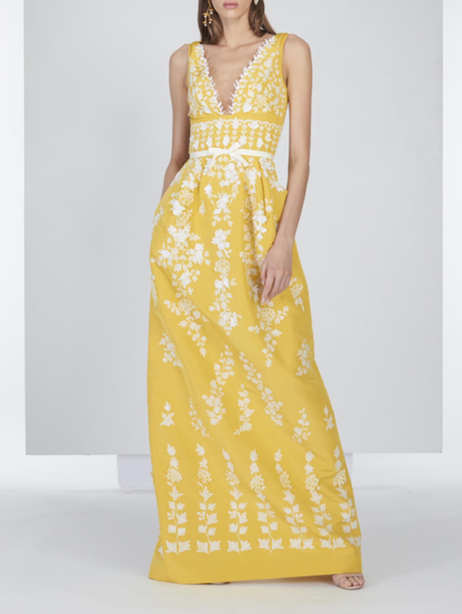 Oscar de la Renta Silk Embroidered Gown in Yellow Lyst