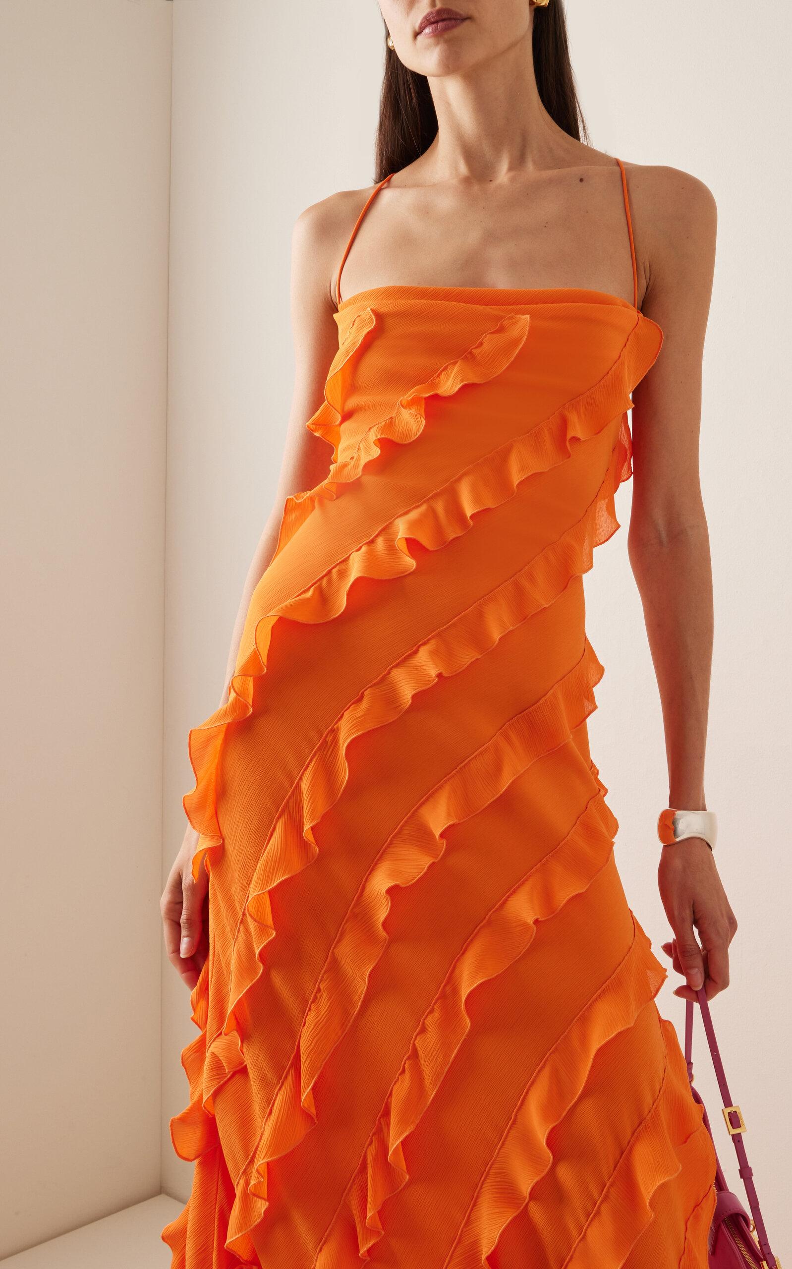STAUD Ruffle-trimmed Crepe Maxi Dress in Orange