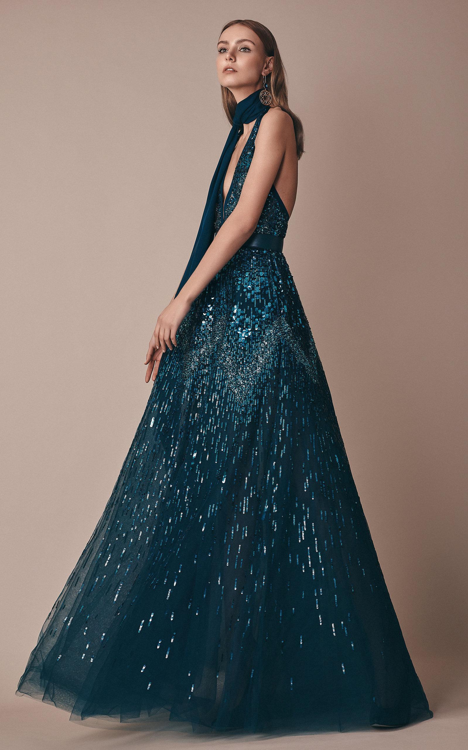 Elie Saab Sequin Beads Embellished Tulle Dress in Blue Lyst UK