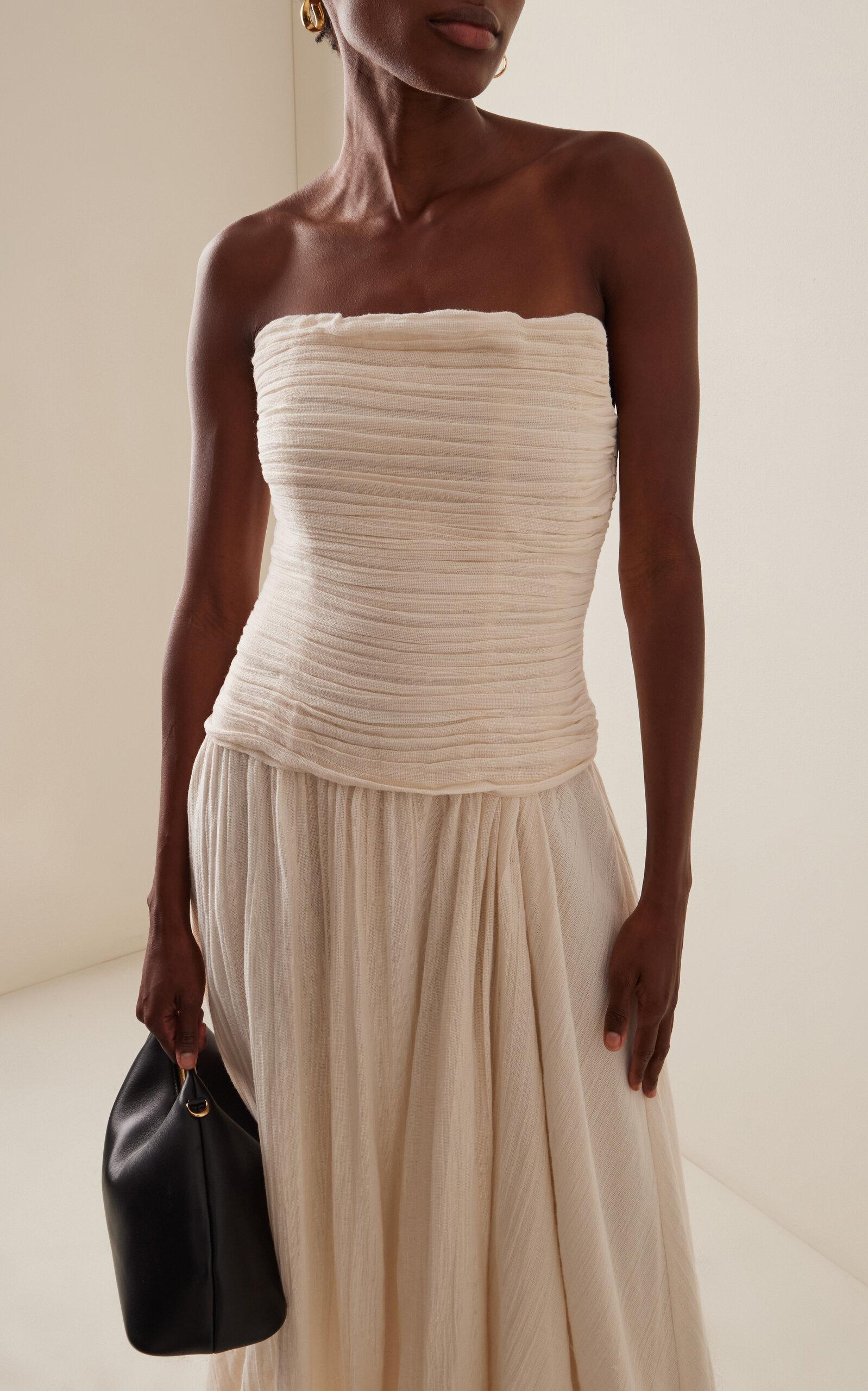 STAUD Hightide Ruched Drop-waist Cotton-ramie Maxi Dress in White | Lyst