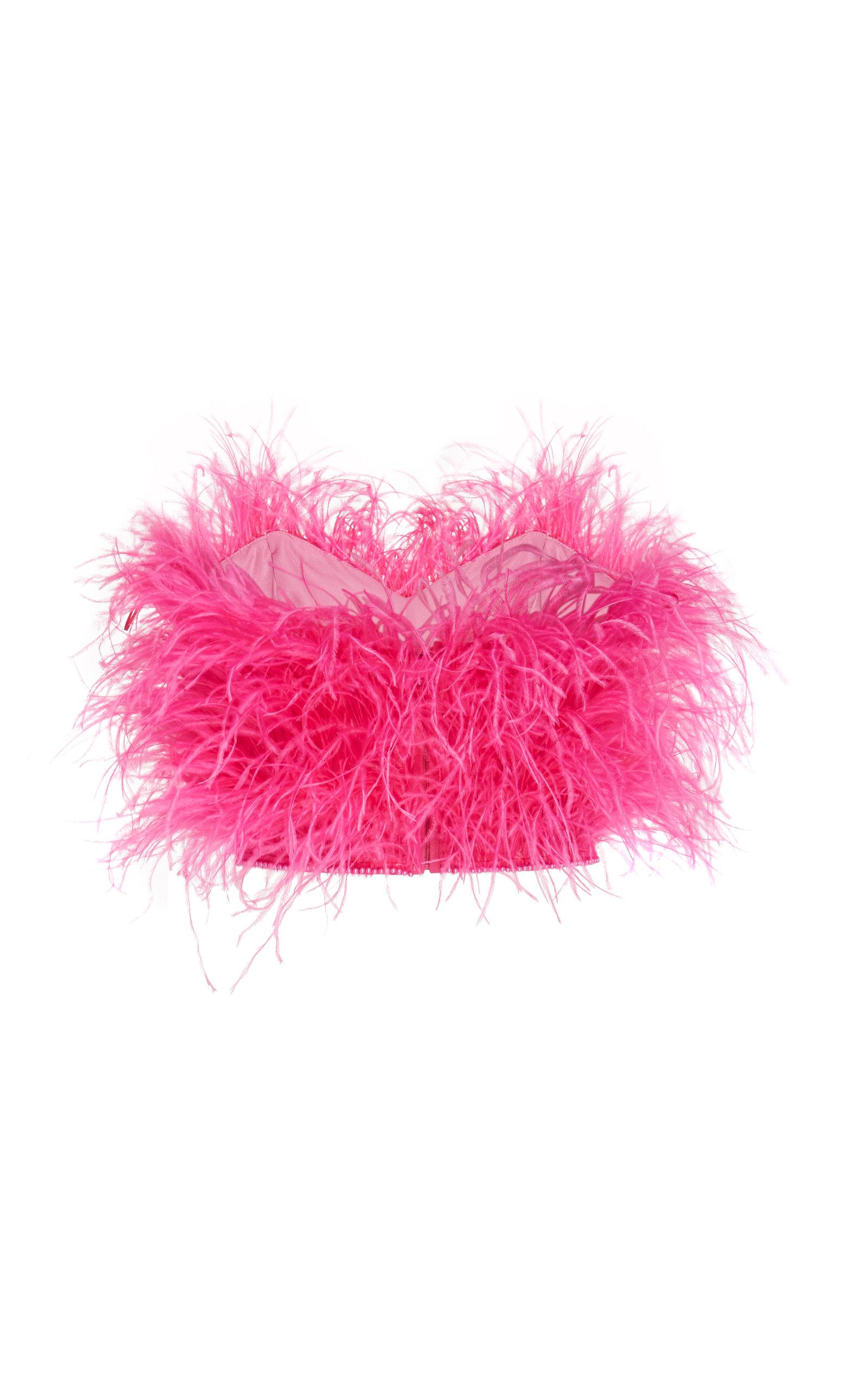 Ostrich Feathers Trimmed Off Shoulder Top in Baby Pink - Ivan