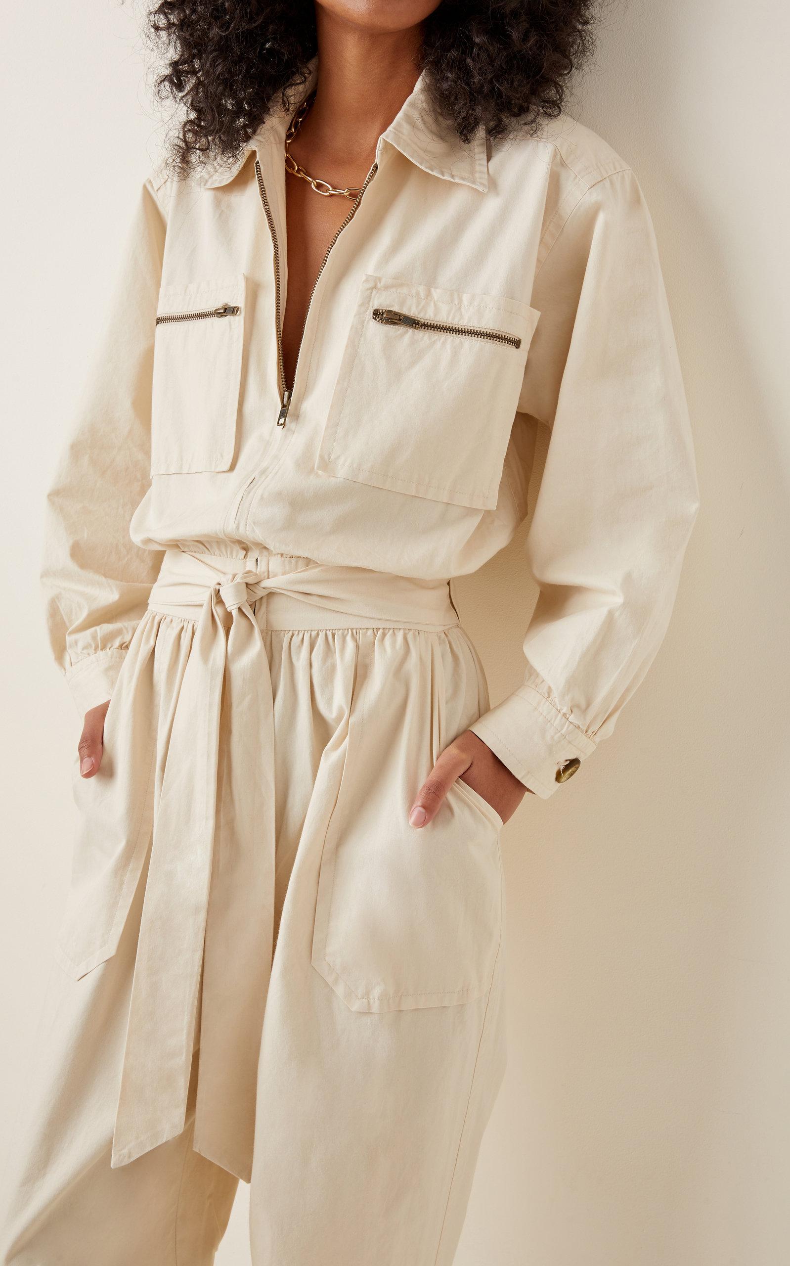 Posse Exclusive Belted Cropped Cotton-twill Jumpsuit in Natural | Lyst