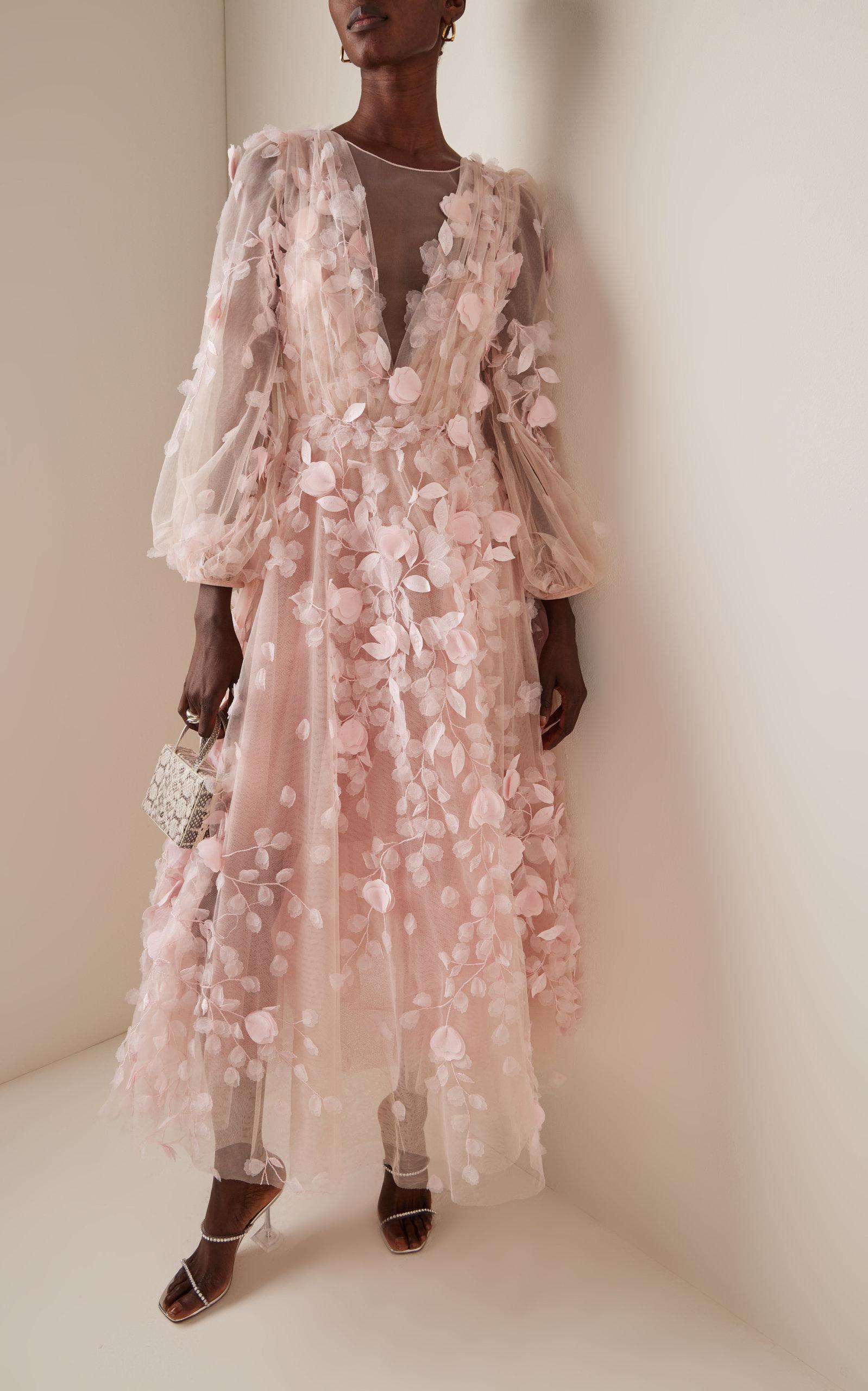 Marchesa Petal-embroidered Tulle Midi Dress in Pink | Lyst