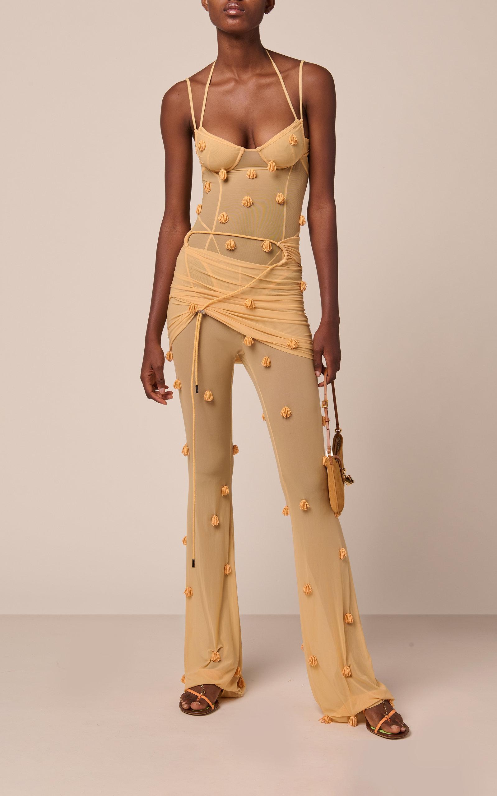 Jacquemus Le Pantalon Espelho Beaded Mesh Pants in Natural