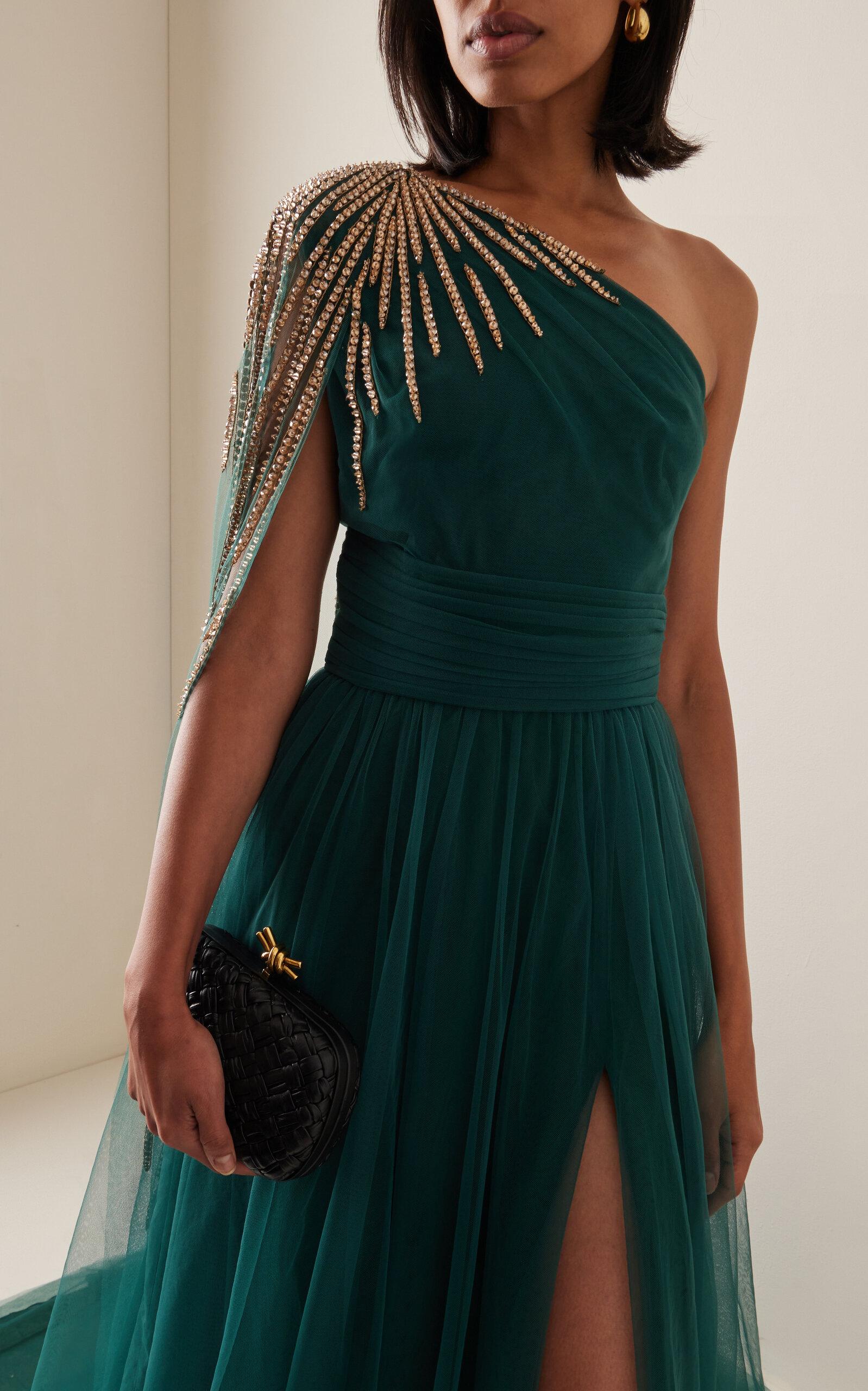 Pamella Roland Starburst-embellished One-shoulder Tulle Gown in Green | Lyst