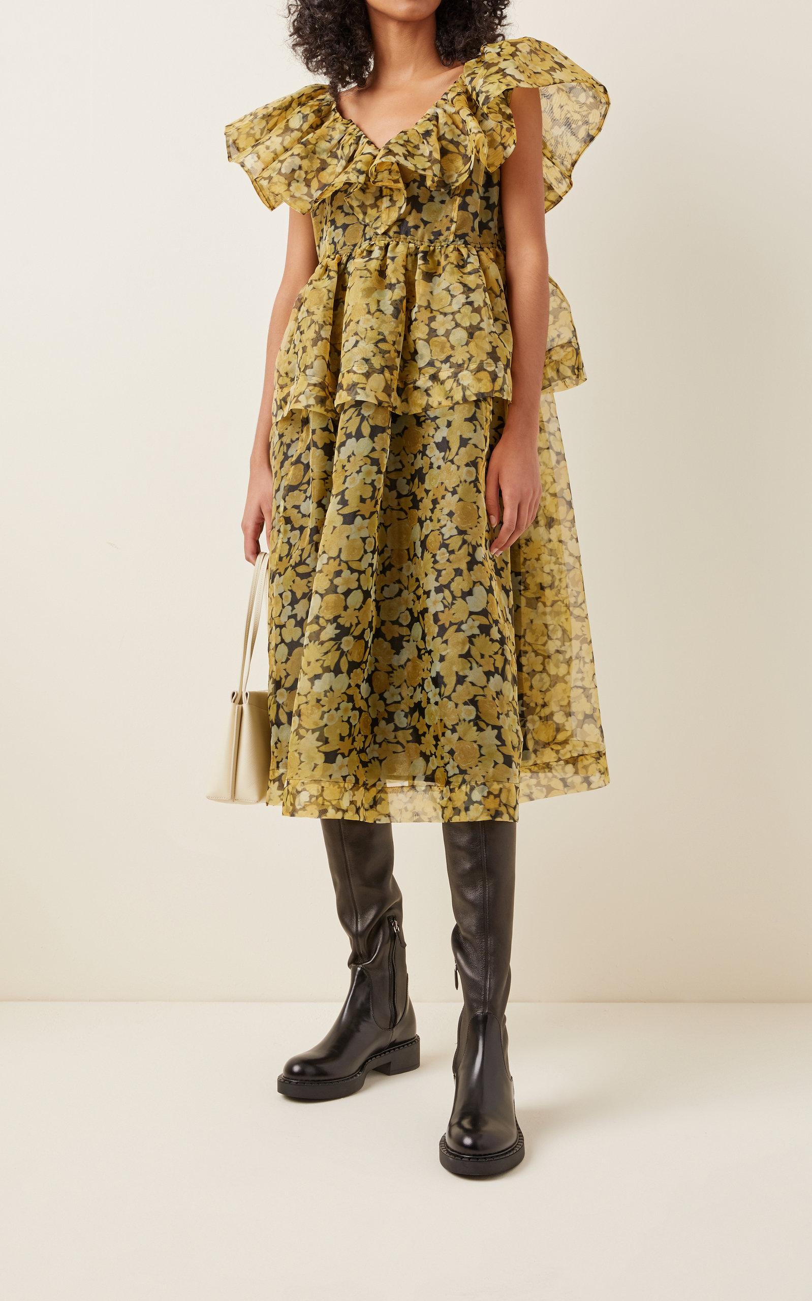 Ganni Floral-print Organza Midi Dress in Yellow | Lyst
