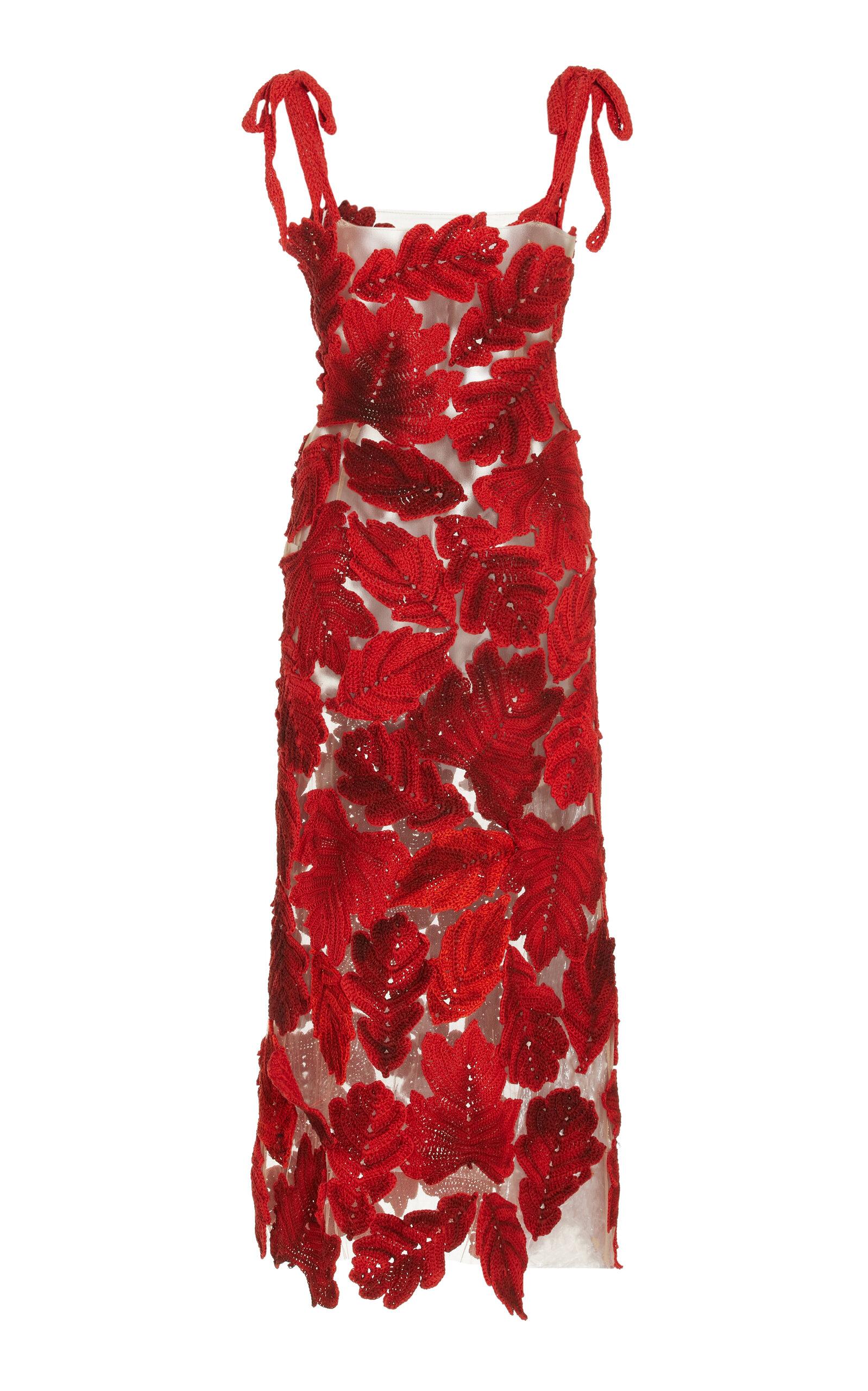 Oscar de la Renta Crochet Leaves Midi Dress in Red | Lyst