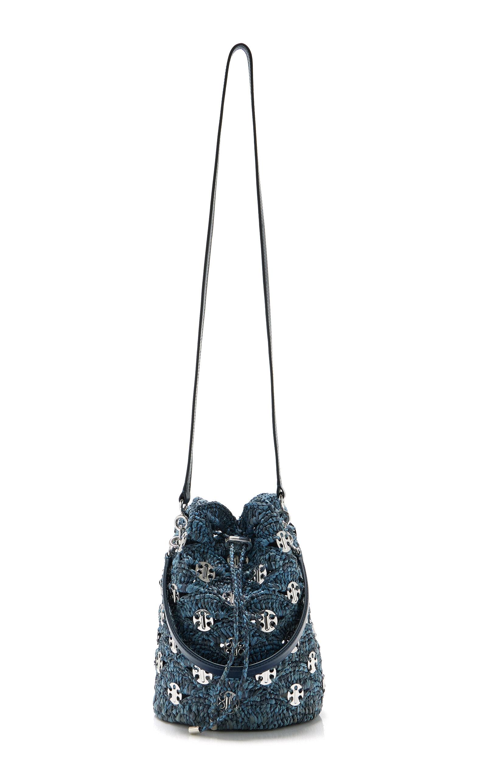 Rabanne Hardware-Detailed Woven Raffia Bucket Bag in Blue