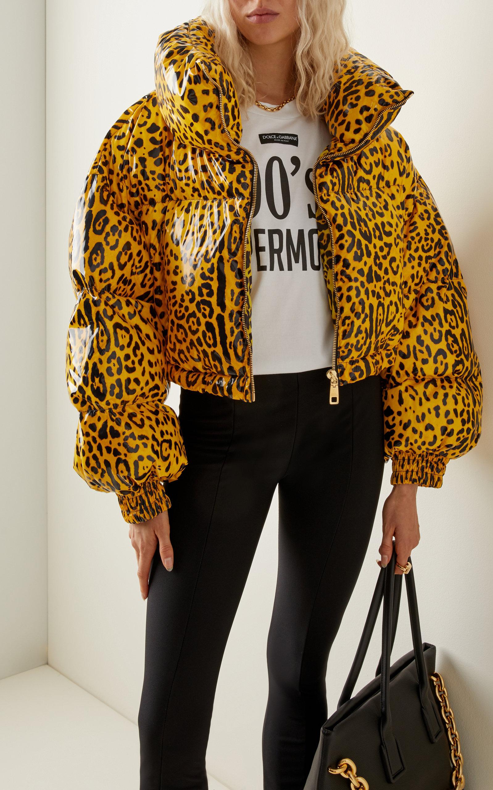 Dolce & Gabbana Leopard-printed Satin Down Puffer Jacket in Yellow | Lyst