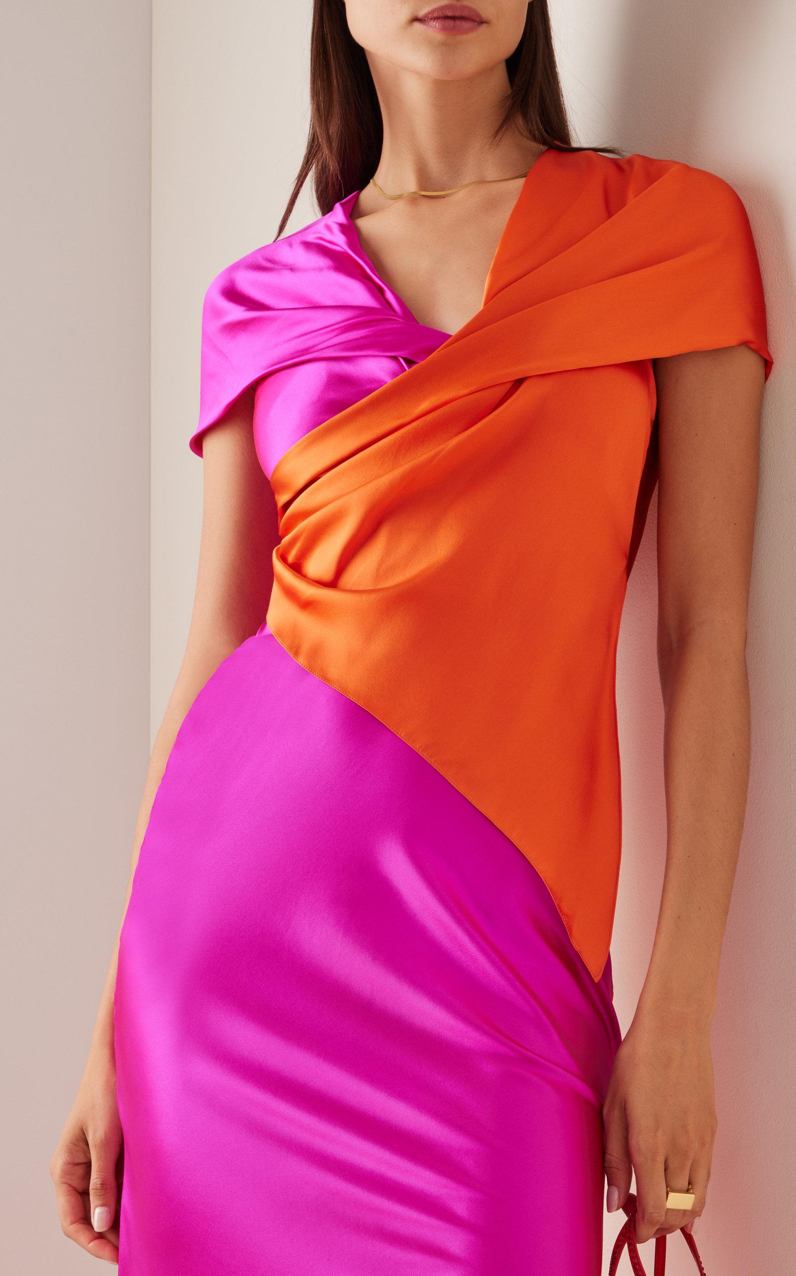 Halpern Two-tone Silk Hooded Gown in Pink