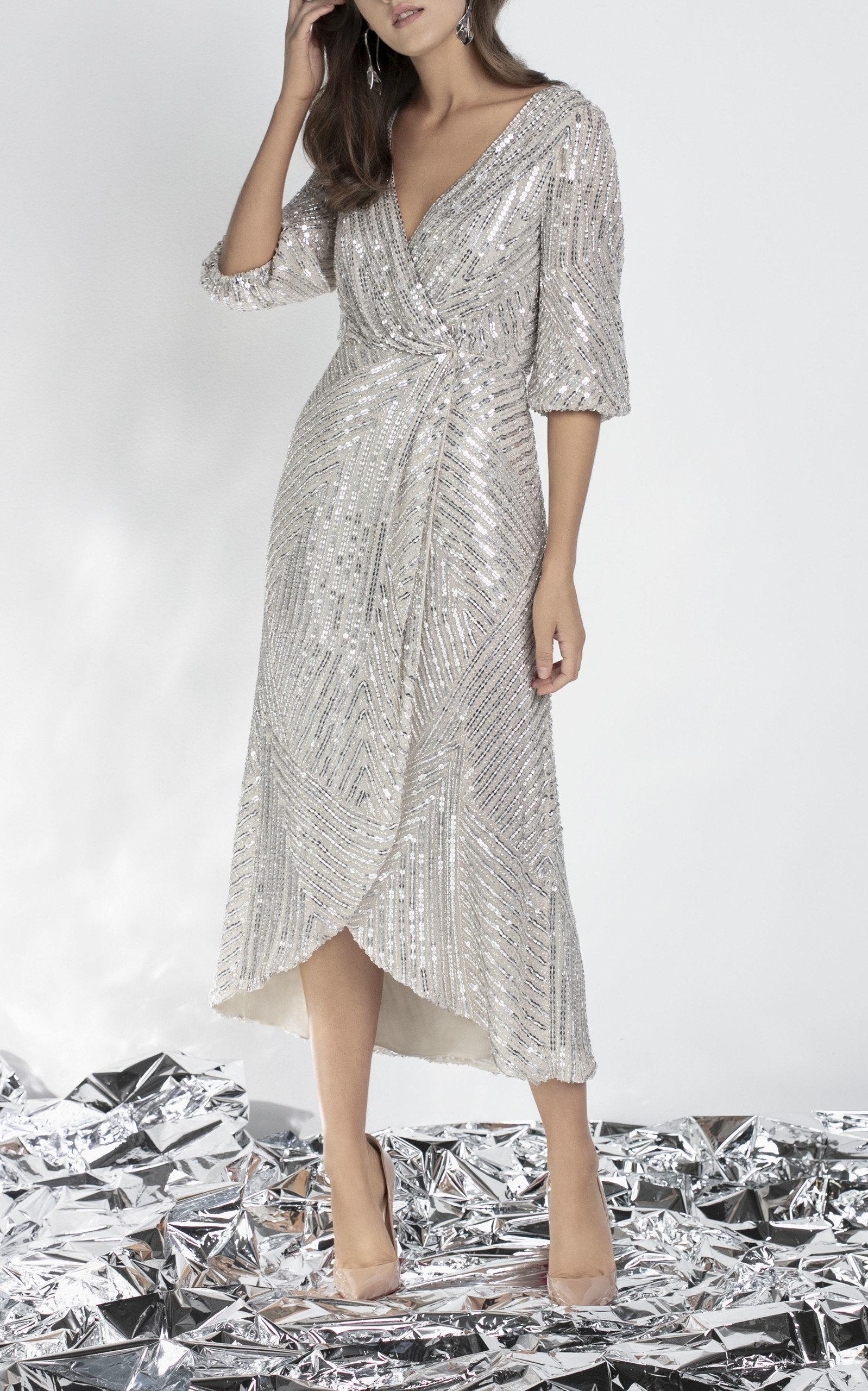 Rachel Gilbert Synthetic Lovelle Beaded Wrap Dress in Silver (Metallic) |  Lyst