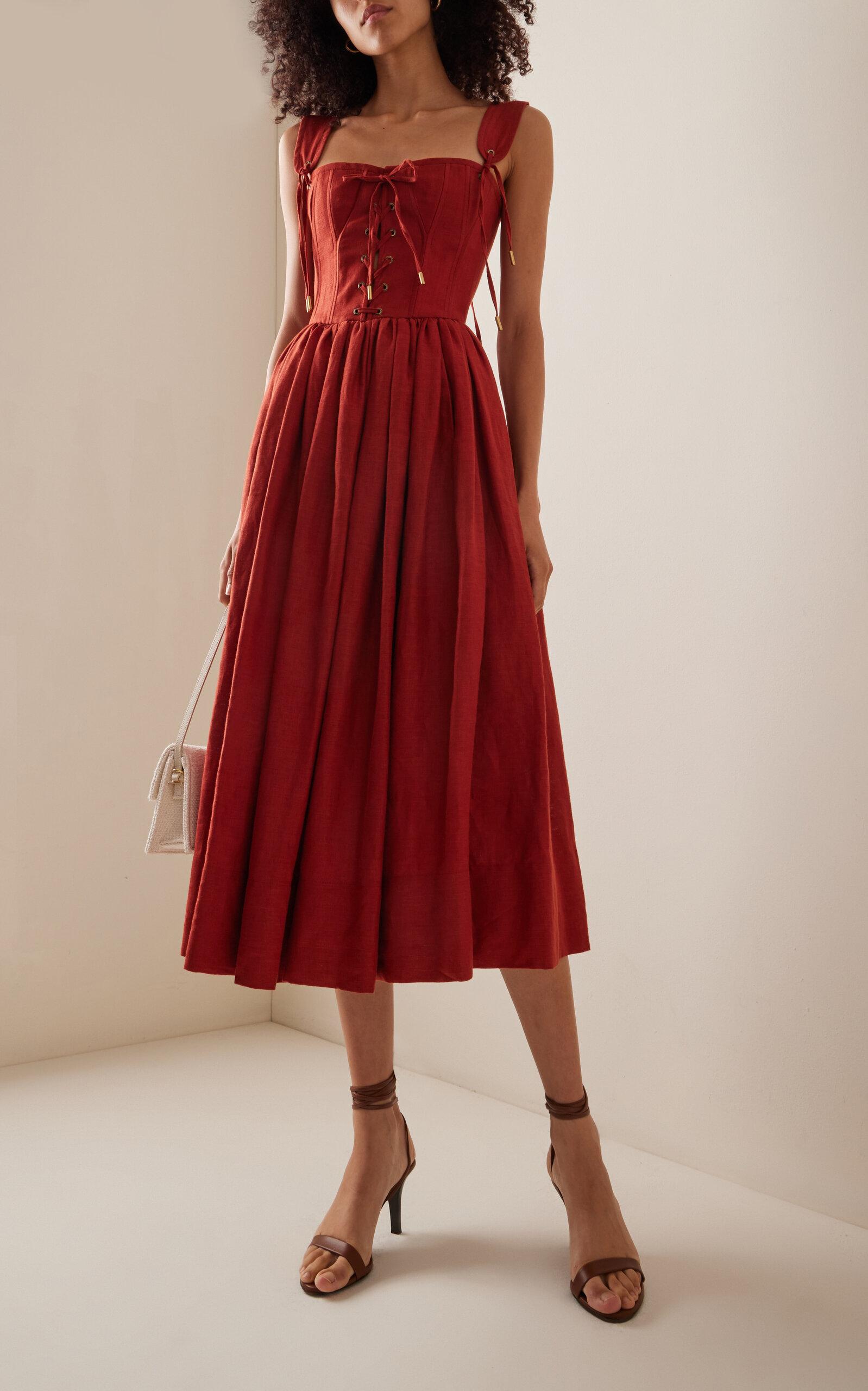 Lena Hoschek Giuseppina Corset Cotton Midi Dress in Red | Lyst Lena Hoschek Giuseppina Corset Cotton Midi Dress in Red | Lyst