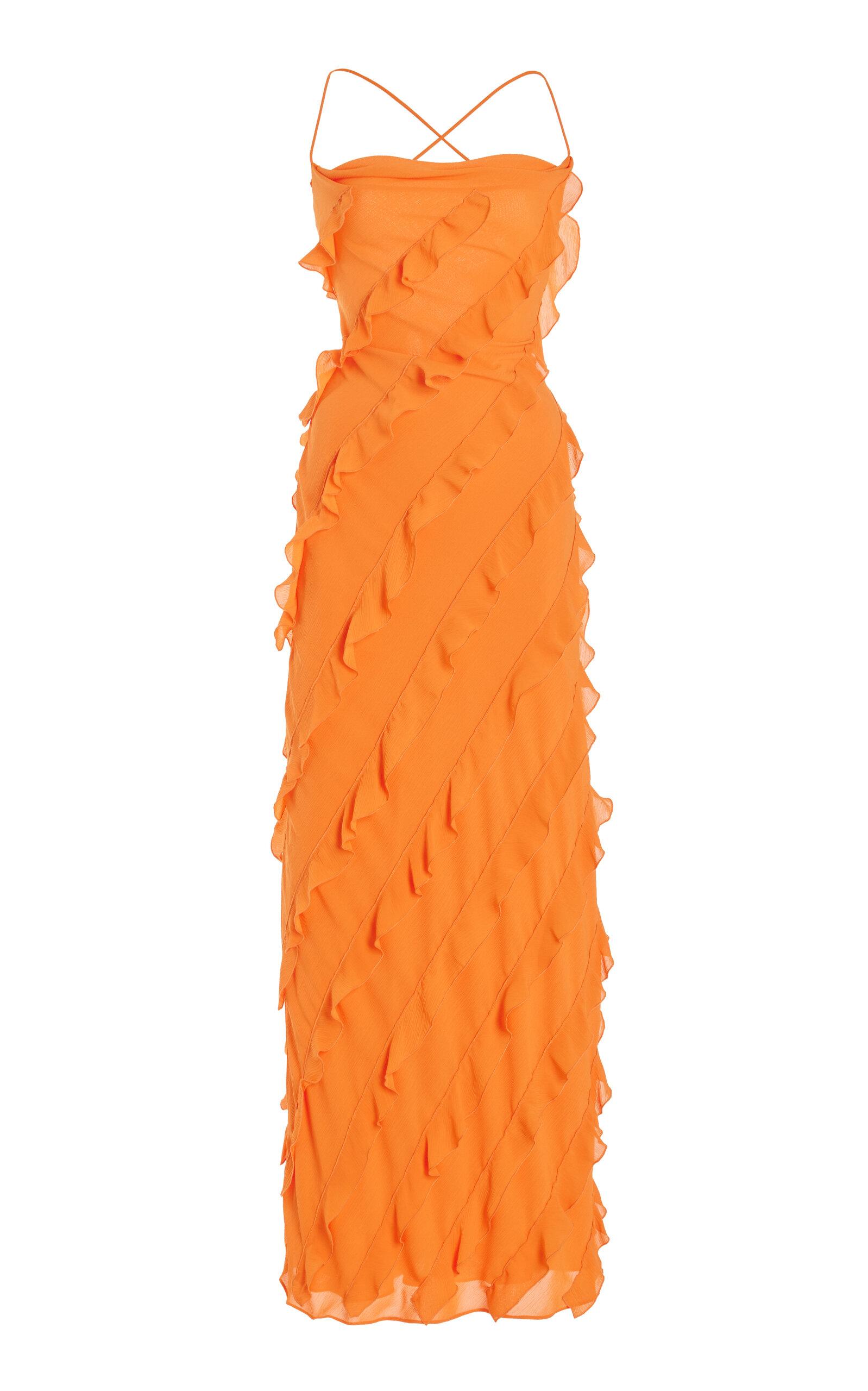 STAUD Ruffle-trimmed Crepe Maxi Dress in Orange | Lyst