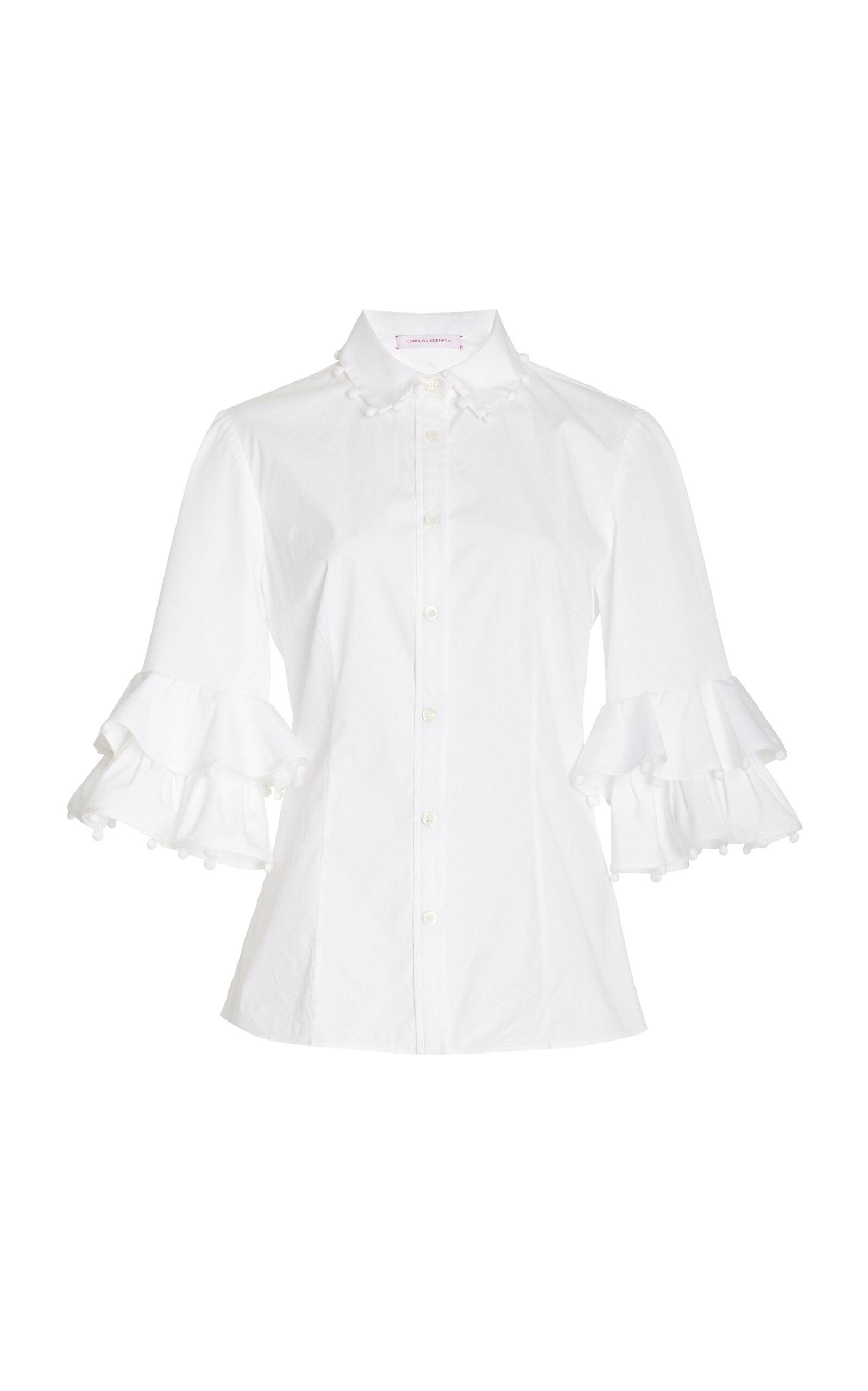 Carolina Herrera Embroidered Ruffled Stretch-cotton Blouse in White | Lyst