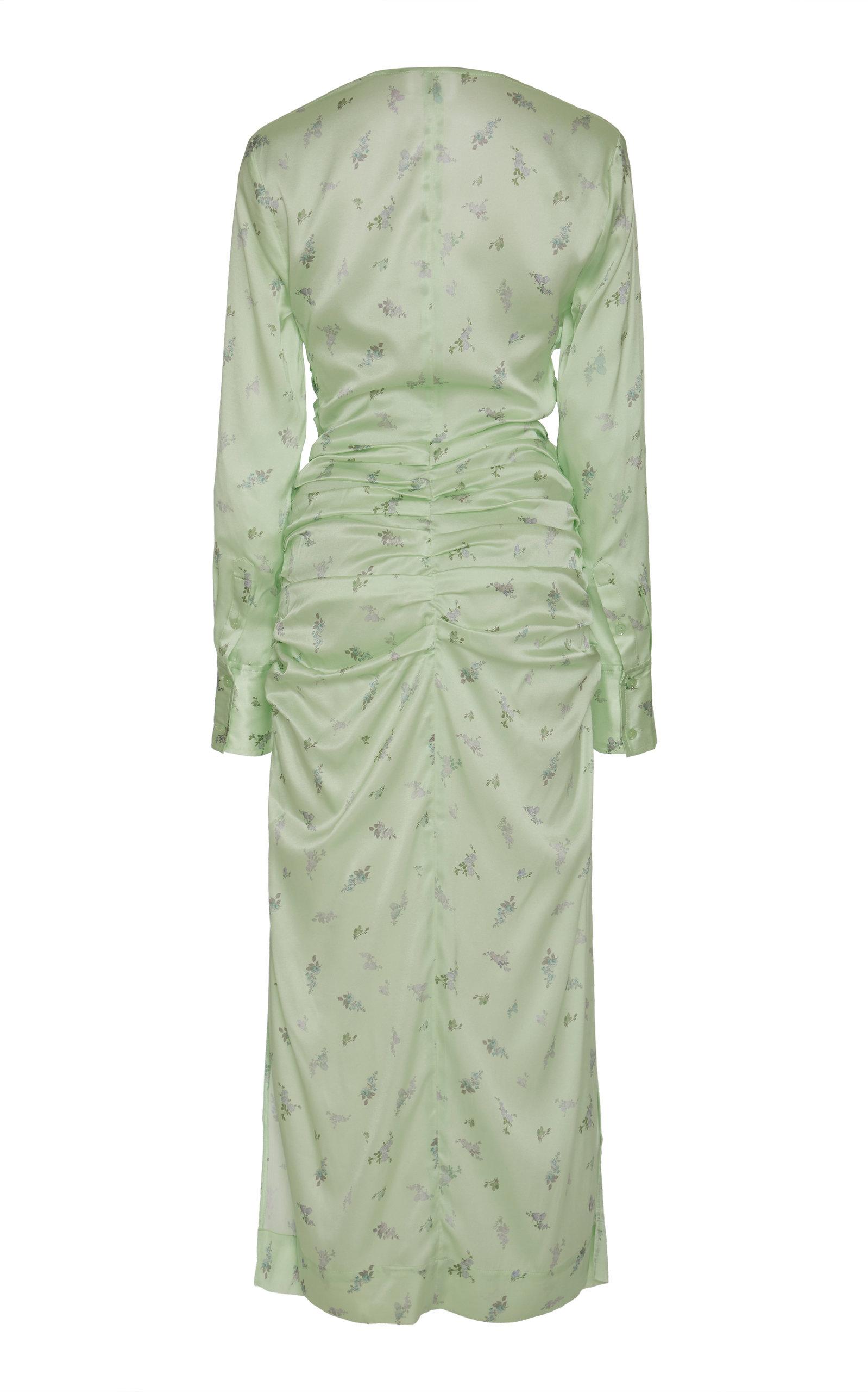Ganni Floral-print Silk-blend Satin Midi Dress in Green | Lyst