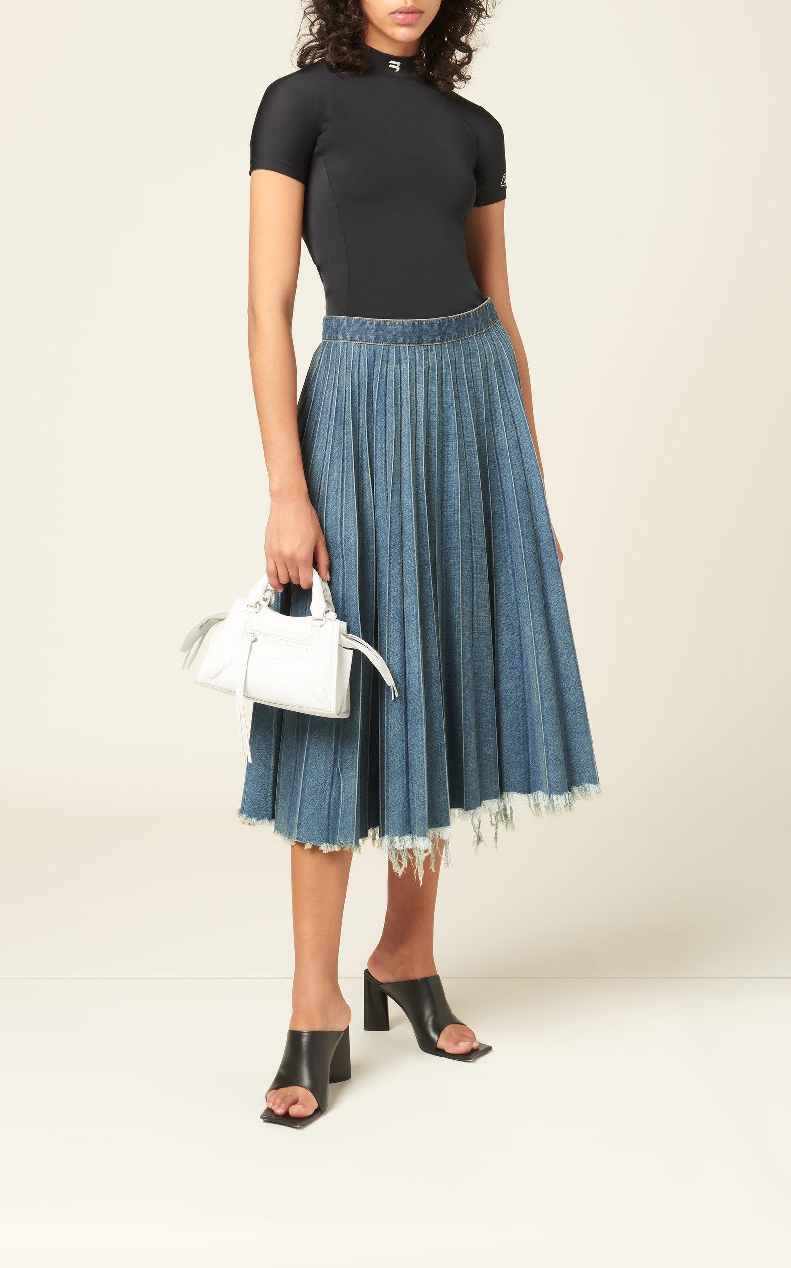 Balenciaga Pleated Distressed Denim Midi Skirt in Blue | Lyst
