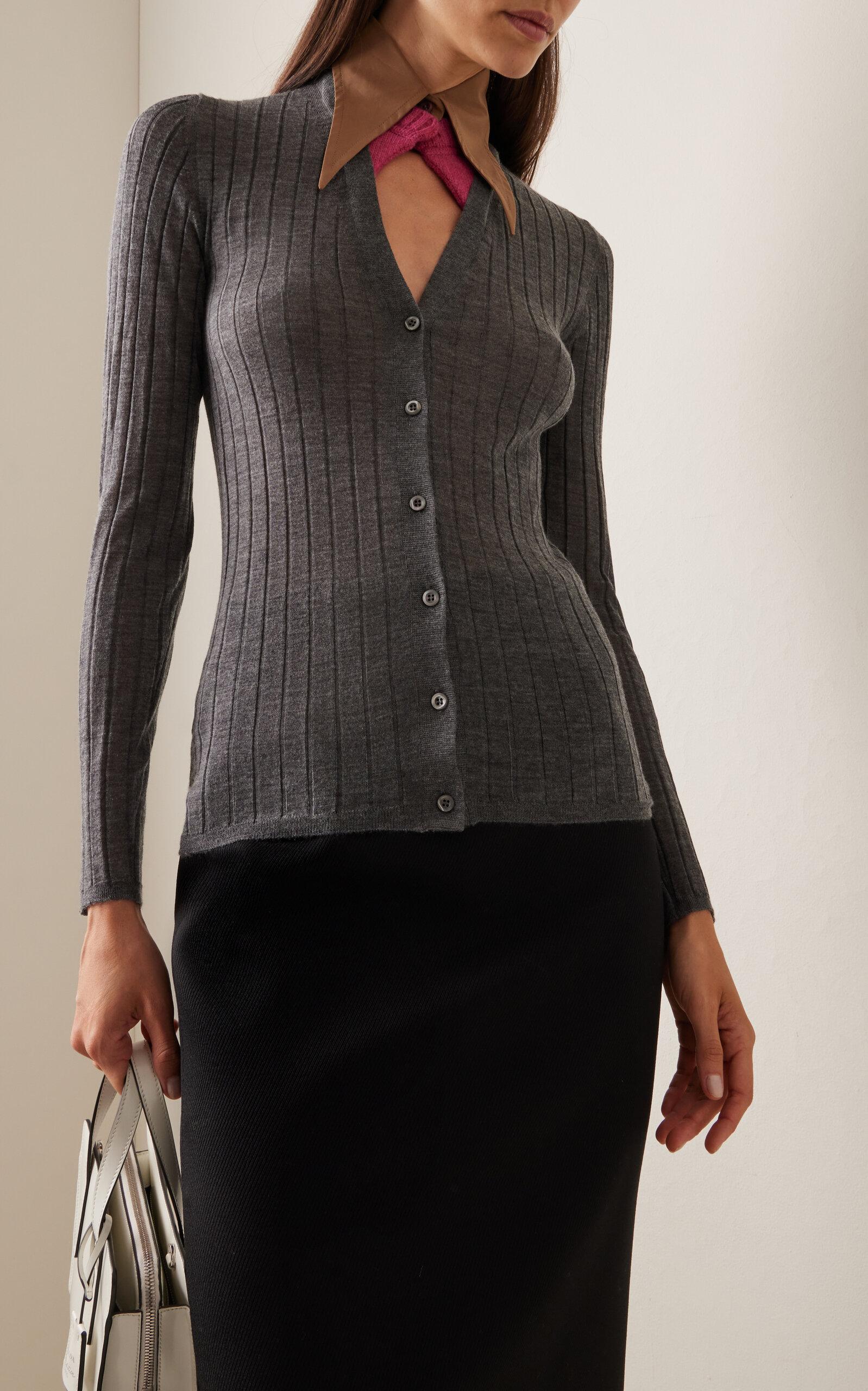 Prada Women's Cashmere and Silk Cardigan with Collar - Grey Multi - Size 4