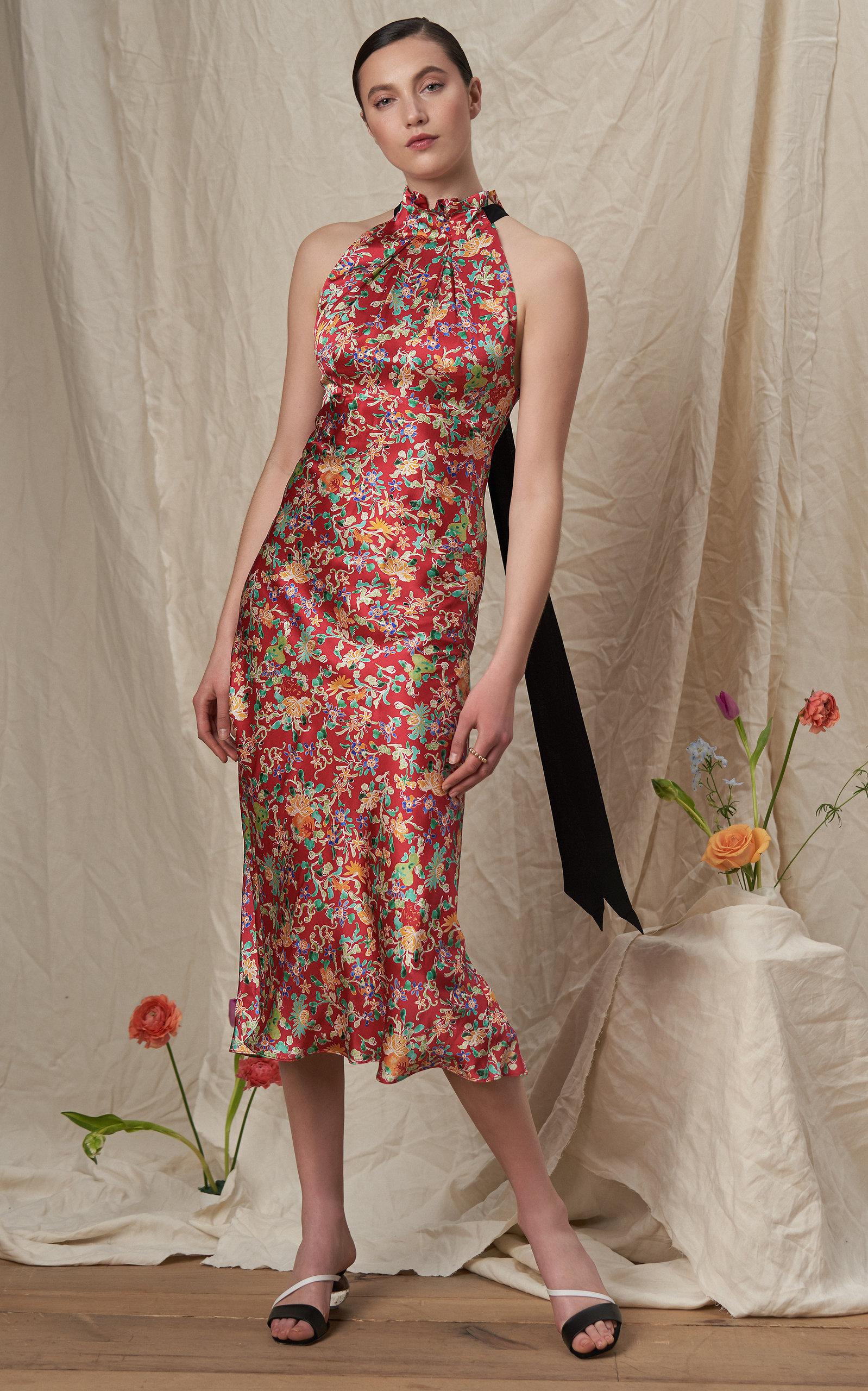 Saloni Michelle Halterneck Floral-print Silk Midi Dress in Black - Lyst