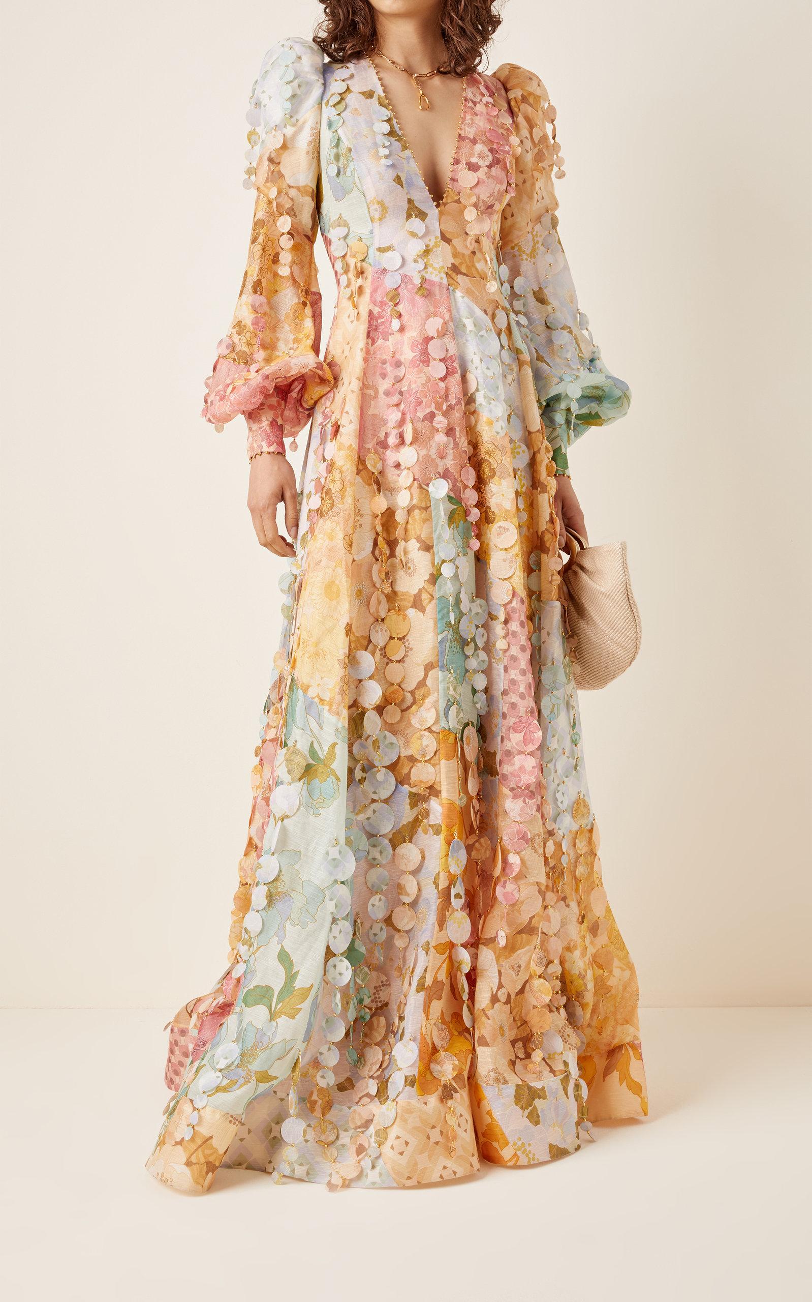【Zimmermann】Illustration floral linen and silk gown Zimmermann Illustration Floral Linen And Silk Gown in White