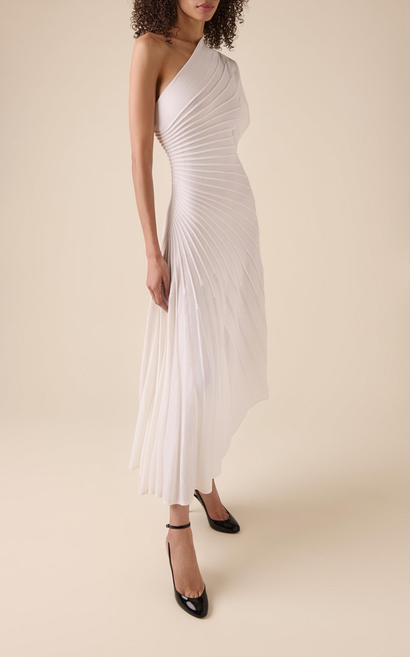 Alaïa One-Shoulder Ray-Knit Wool Midi Dress in White | Lyst