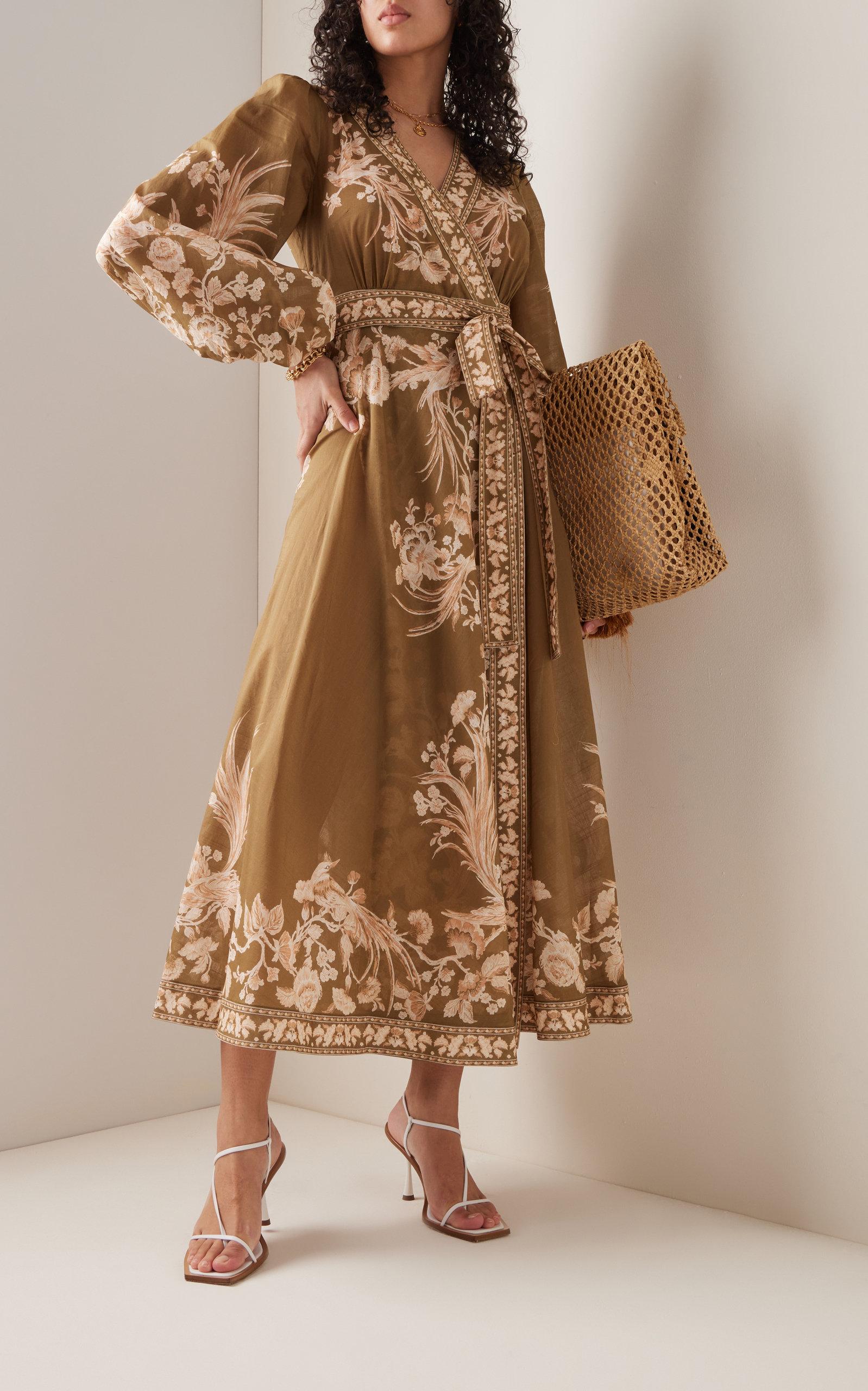 Zimmermann Anneke Floral Linen Midi Wrap Dress in Green