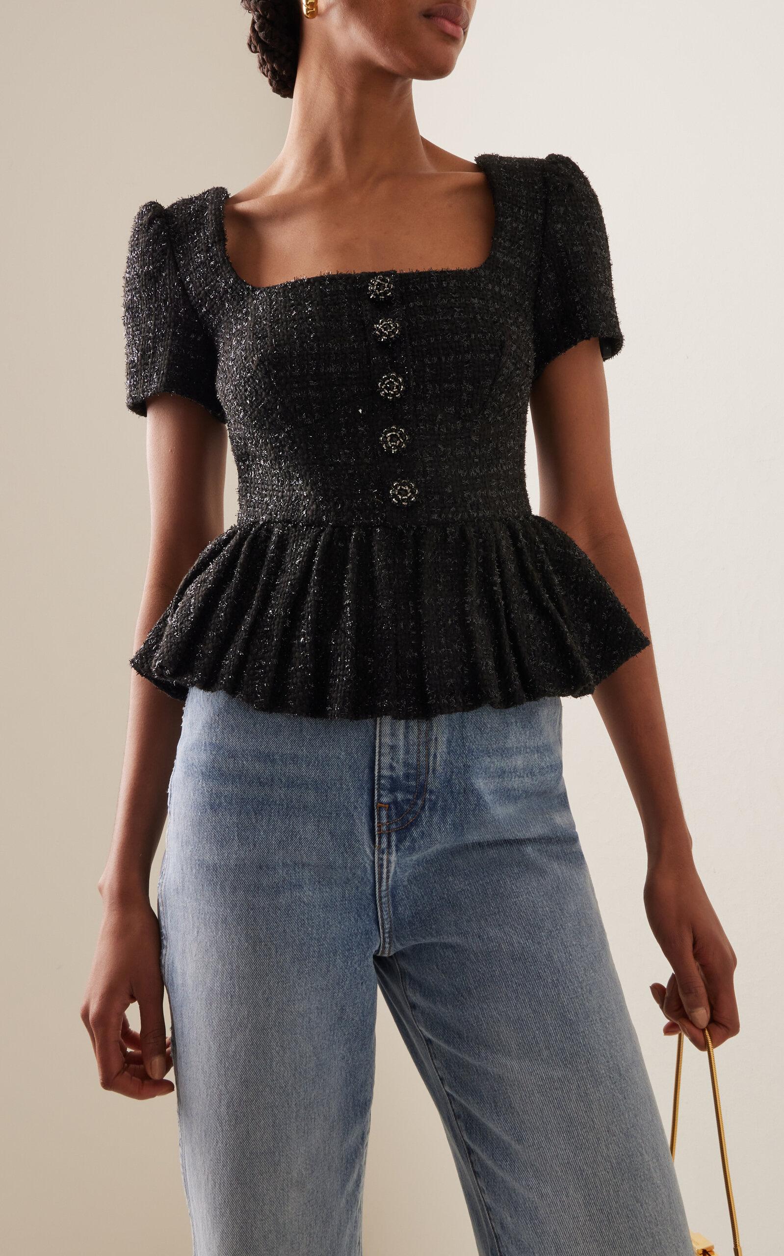 Self-Portrait Metallic Boucle-tweed Peplum Top in Black | Lyst