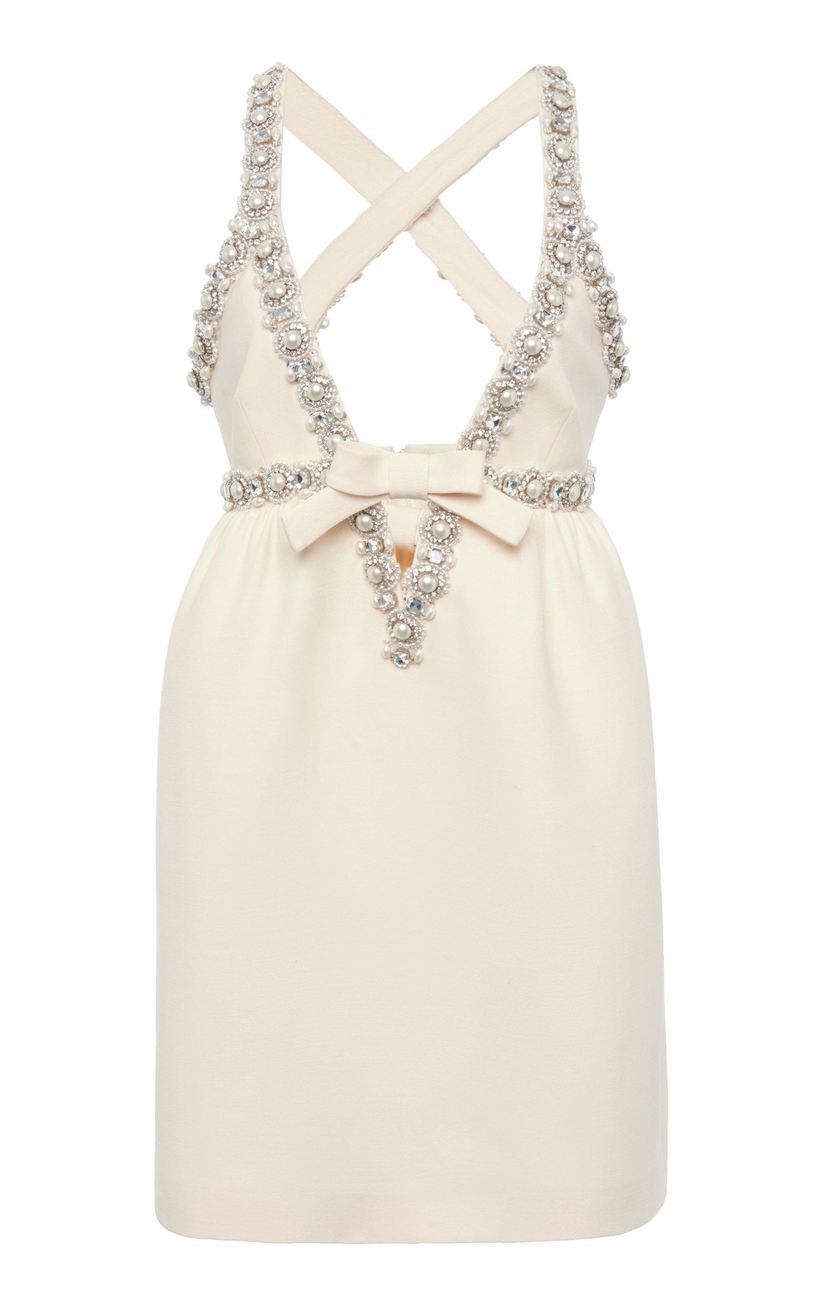 Miu Miu Pearl And Crystal Embellished Crepe Mini Dress in White | Lyst  Australia