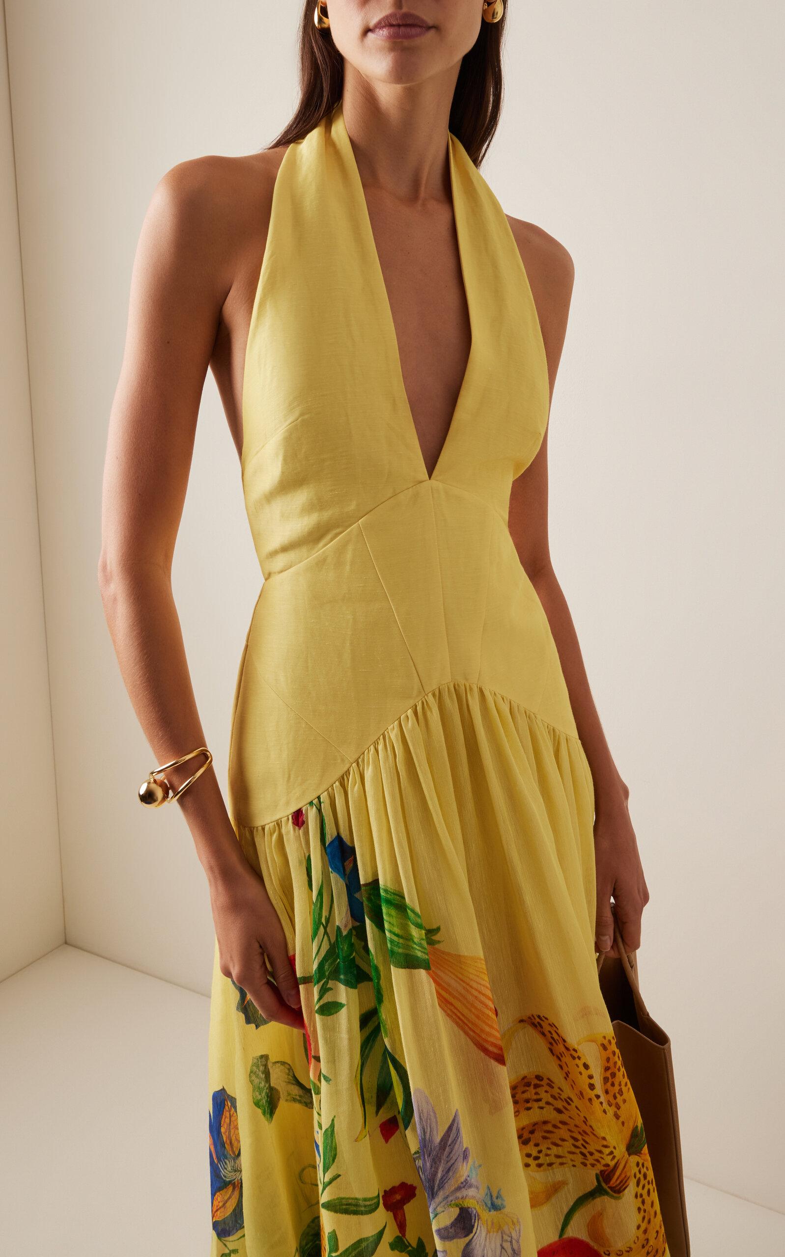 ALMAIS Dahlia Linen-blend Halter Gown in Yellow | Lyst