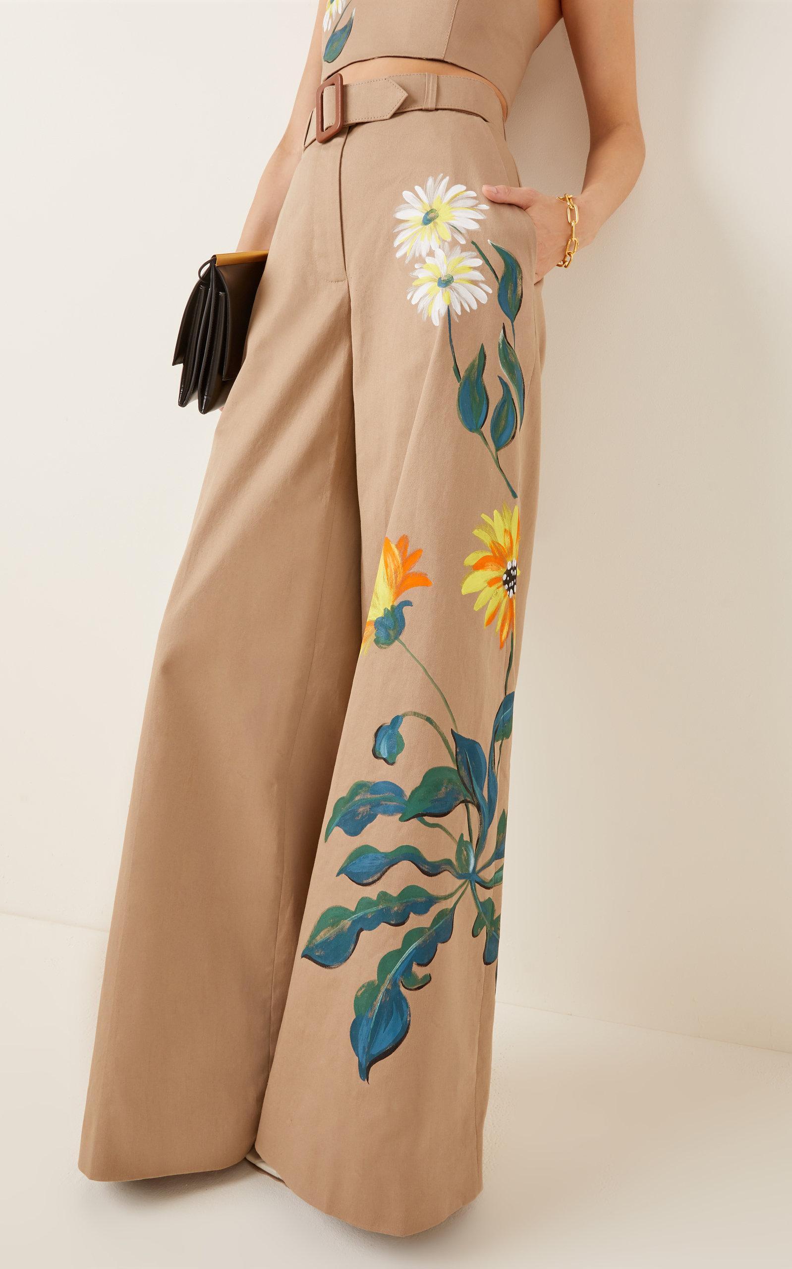Oscar de la Renta Hand-painted Cotton Wide-leg Trousers | Lyst