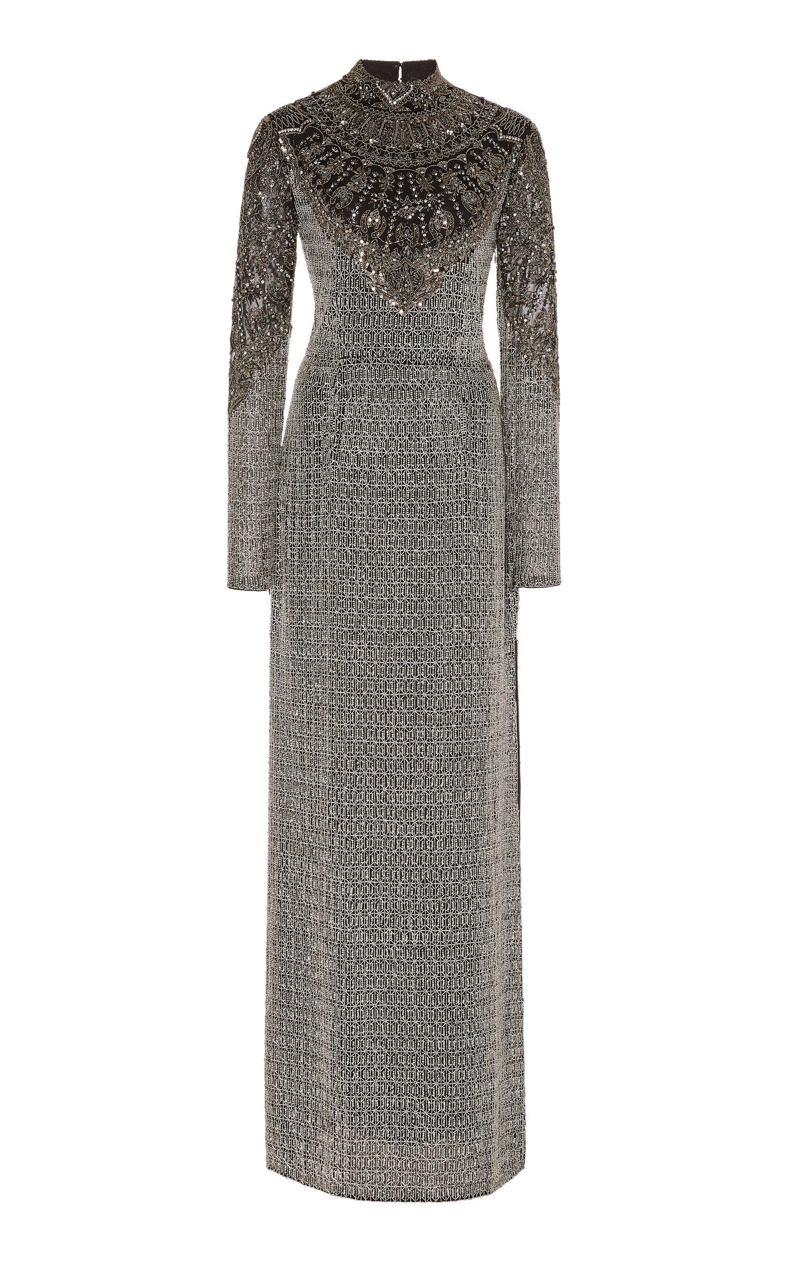 Cucculelli Shaheen Scallop Armor Embroidered Silk Gown in Silver ...