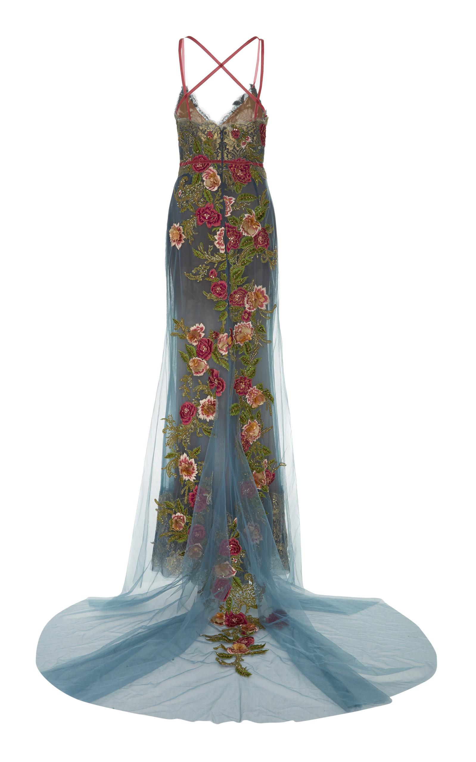 Marchesa Floral Embroidered Tulle Gown in Blue - Lyst