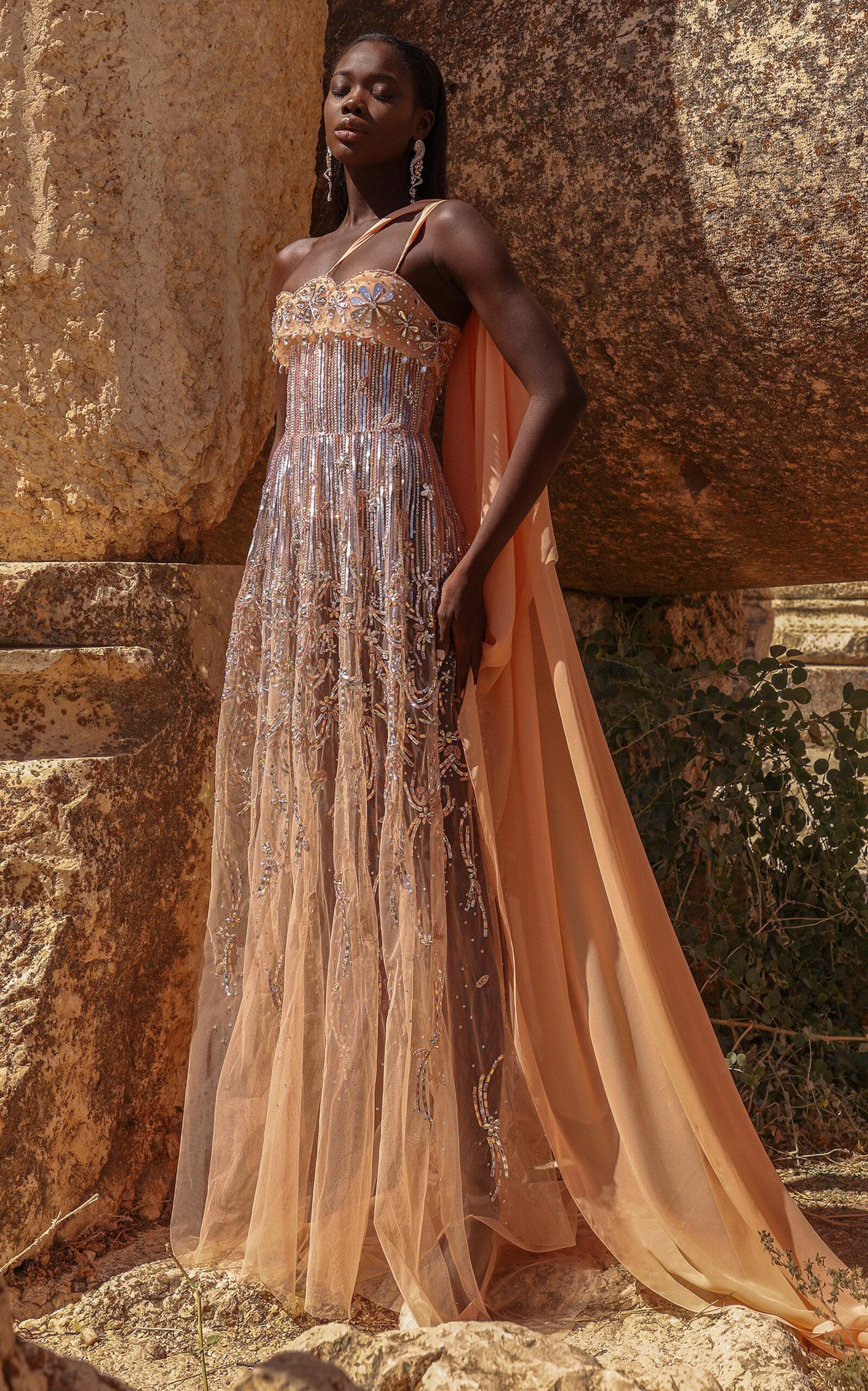 Georges Hobeika Embellished Tulle Maxi Dress in Brown Lyst