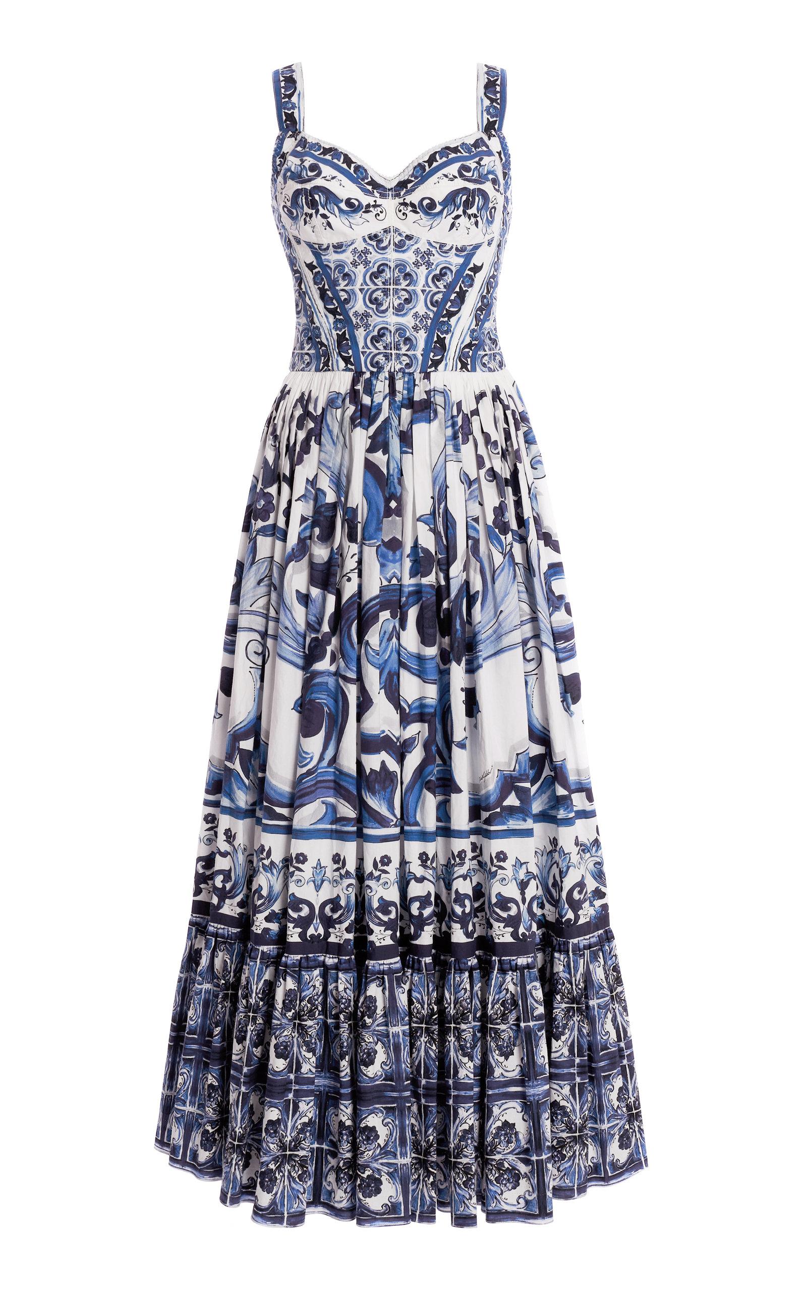 Blue Strapless pleated printed cotton-poplin mini dress, DOLCE & GABBANA, NET-A-PORTER