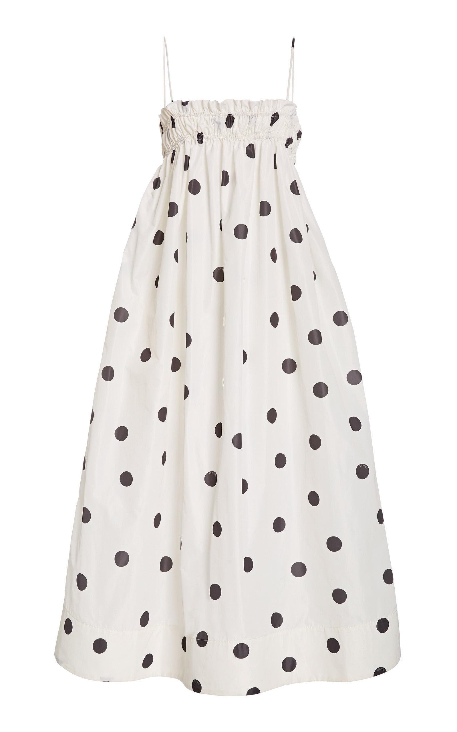 Ganni Synthetic Polka-dot Recycled Crepe Midi Dress in White - Lyst