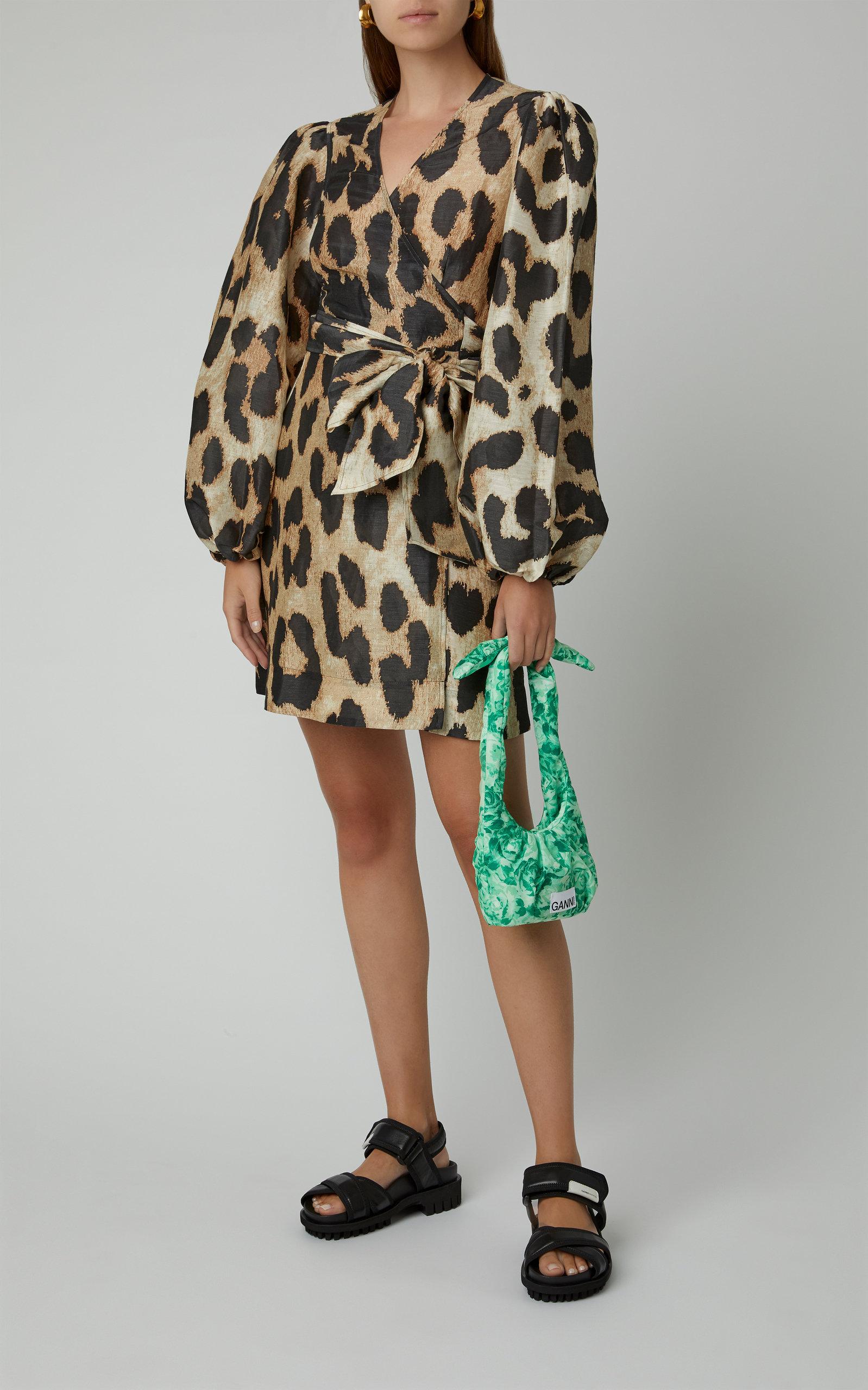 Ganni Silk Linen Leopard Mini Wrap Dress - Lyst
