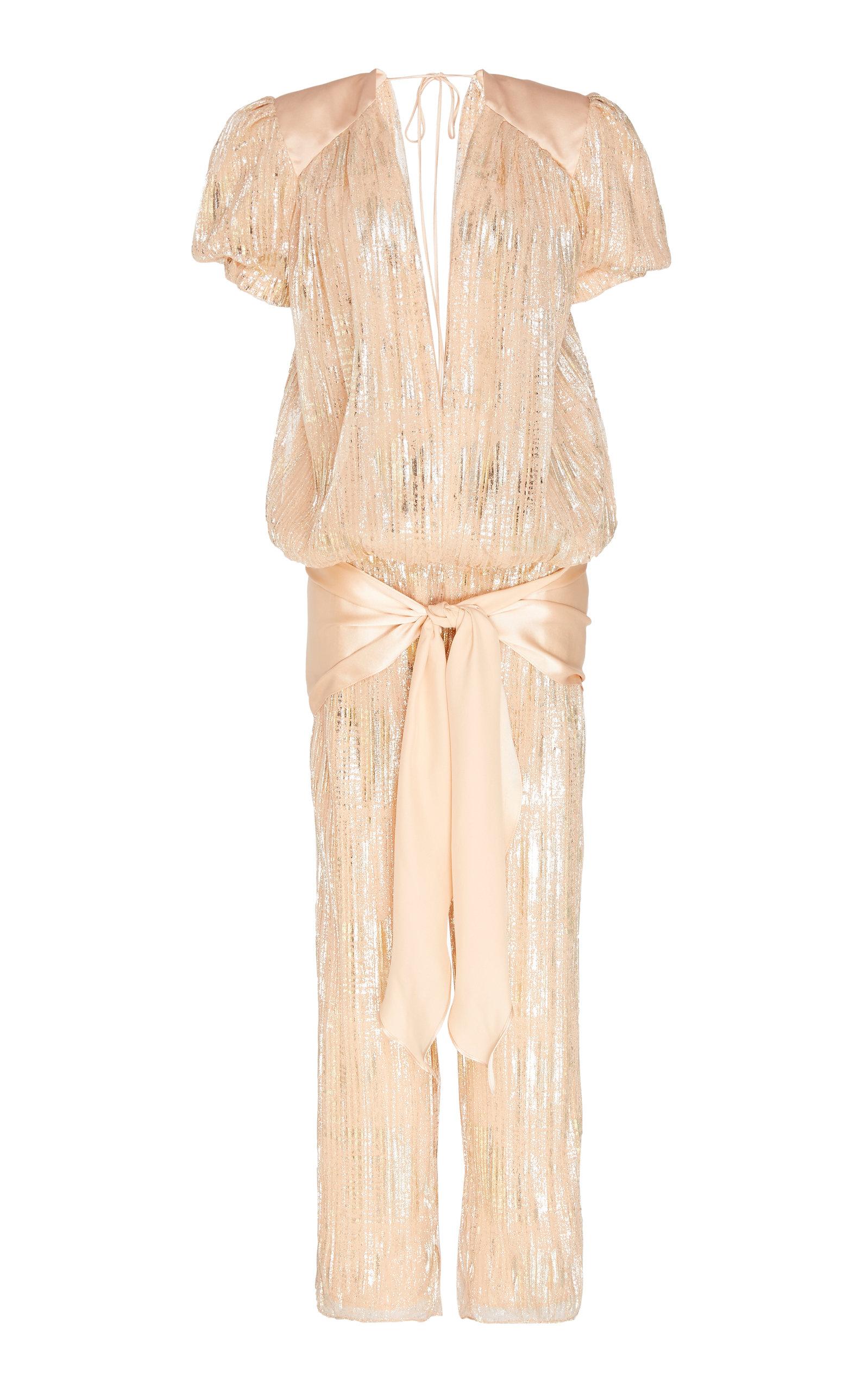 gold metallic sheer plisse wide leg jumpsuit