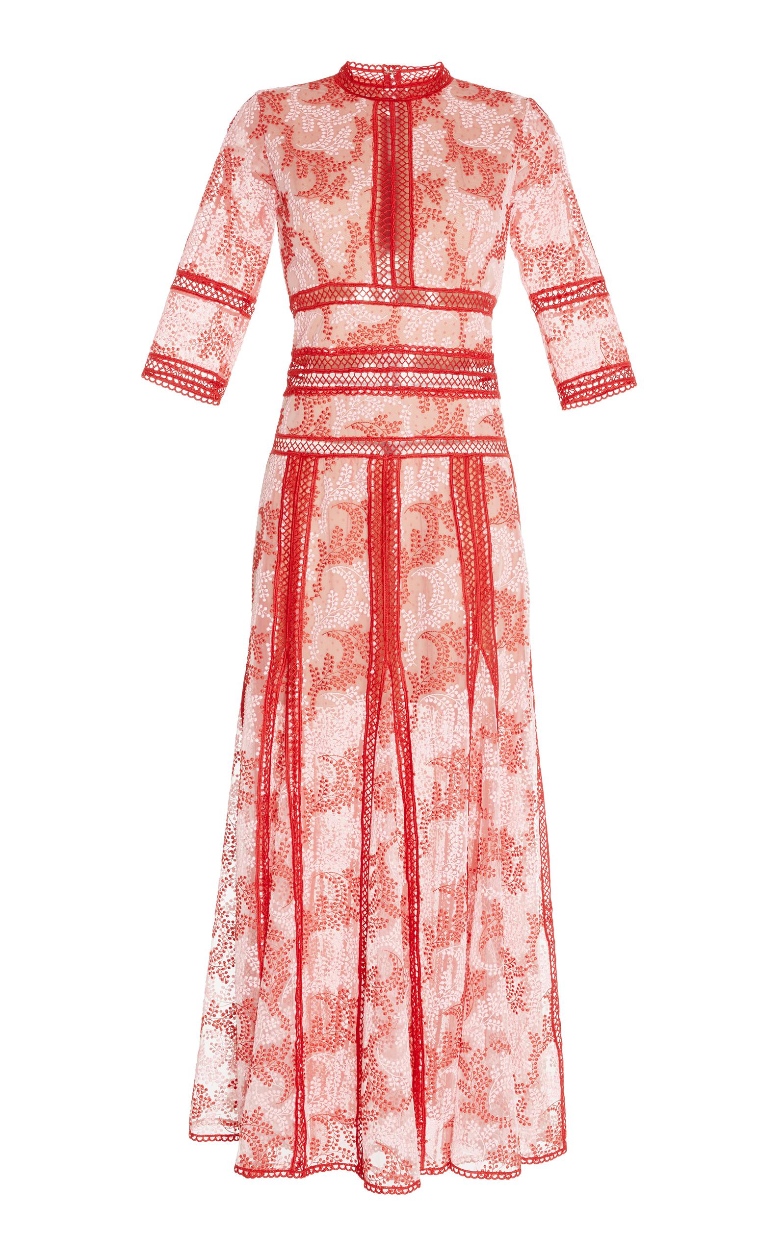 Costarellos Embroidered Tulle Mock Neck Dress