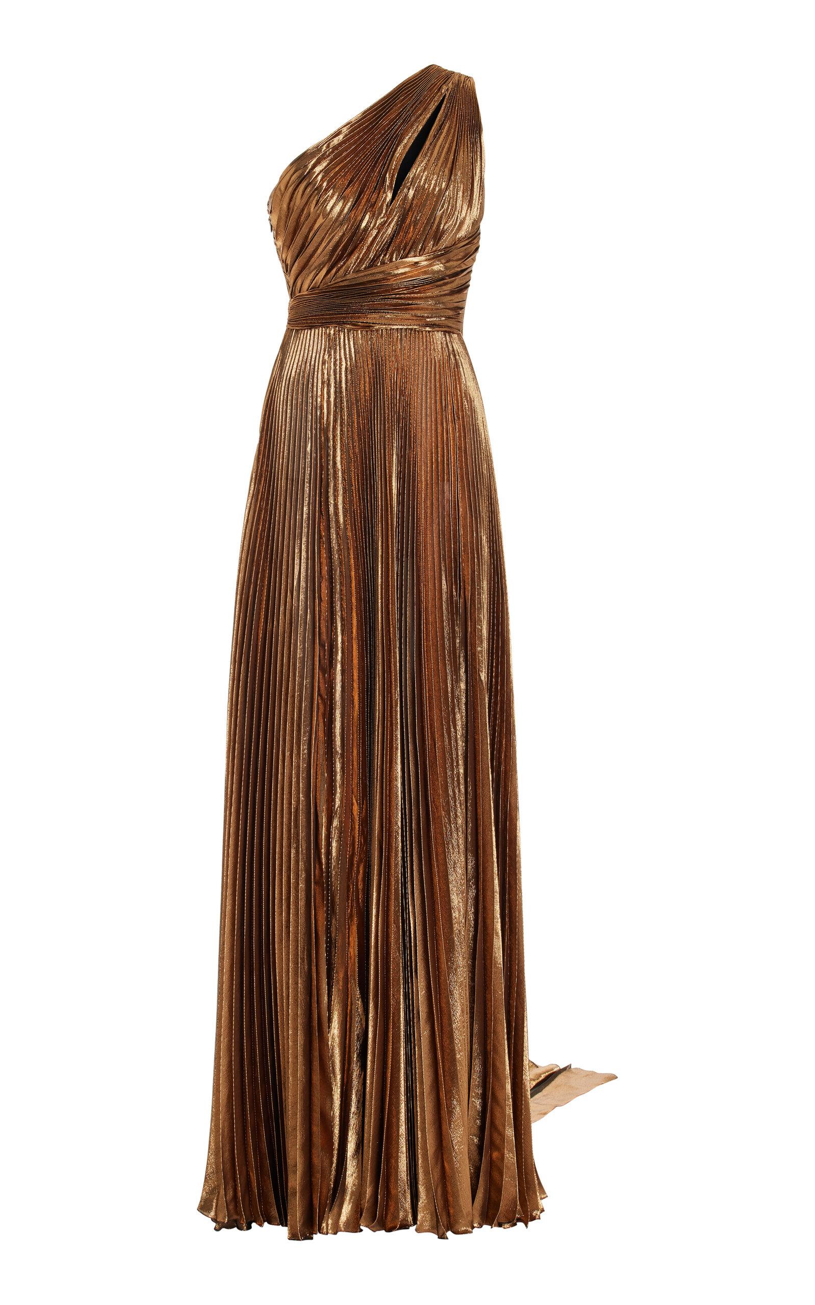 Zuhair Murad One-shoulder Plissé Silk-blend Lamé Gown in Brown | Lyst