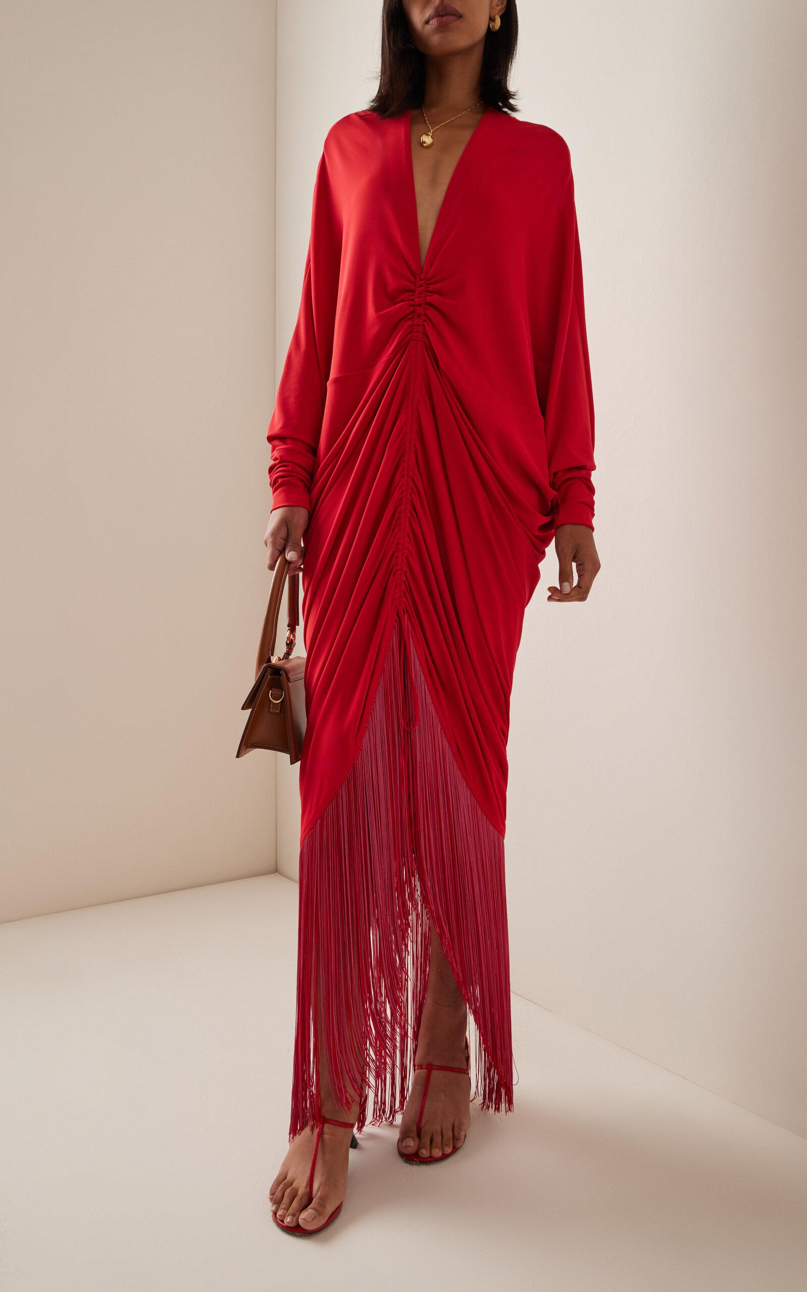 Silvia Tcherassi Rosalyn Fringe-detailed Draped Maxi Dress in Red - Main Image