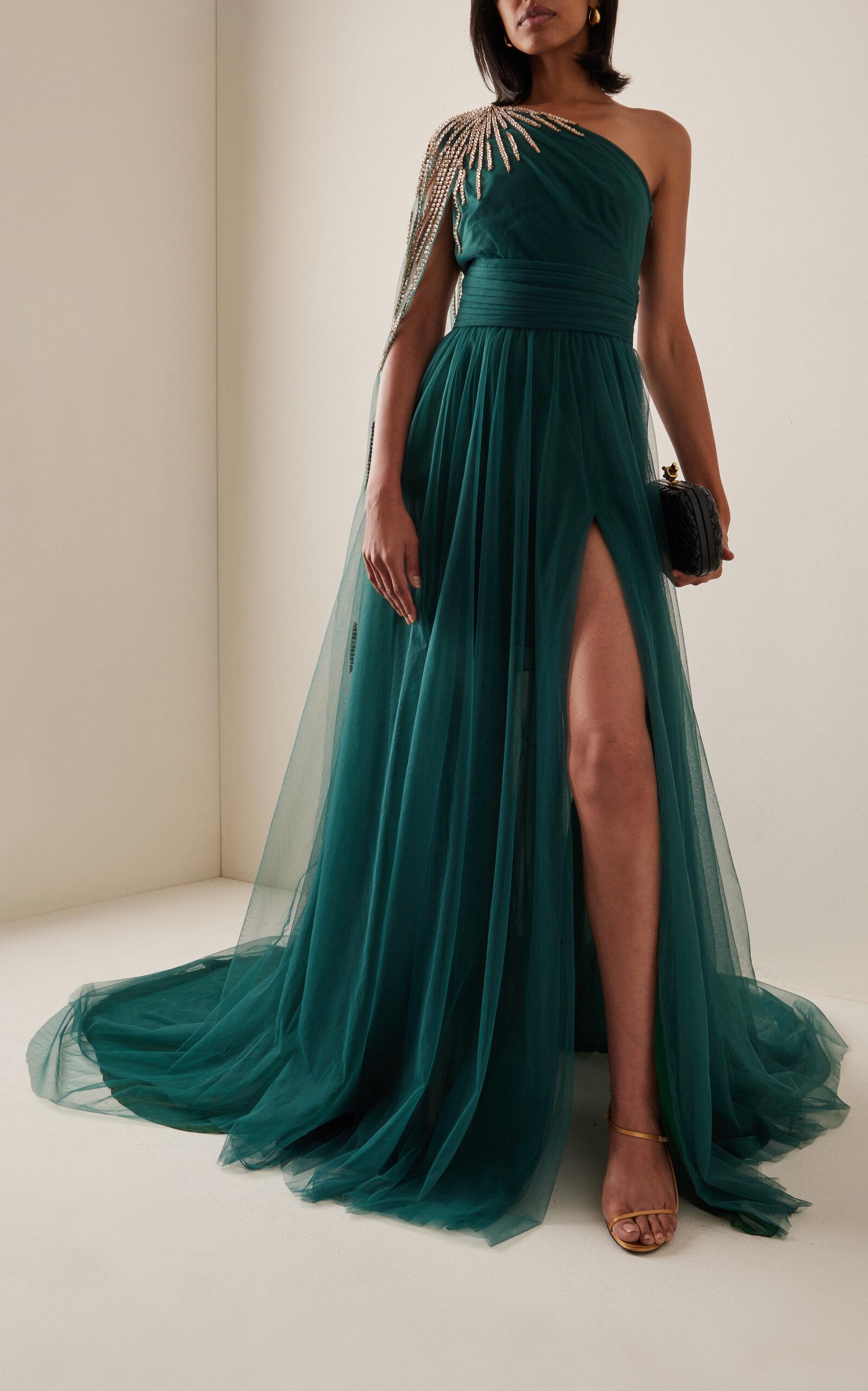 Pamella Roland Starburst-embellished One-shoulder Tulle Gown in Green | Lyst