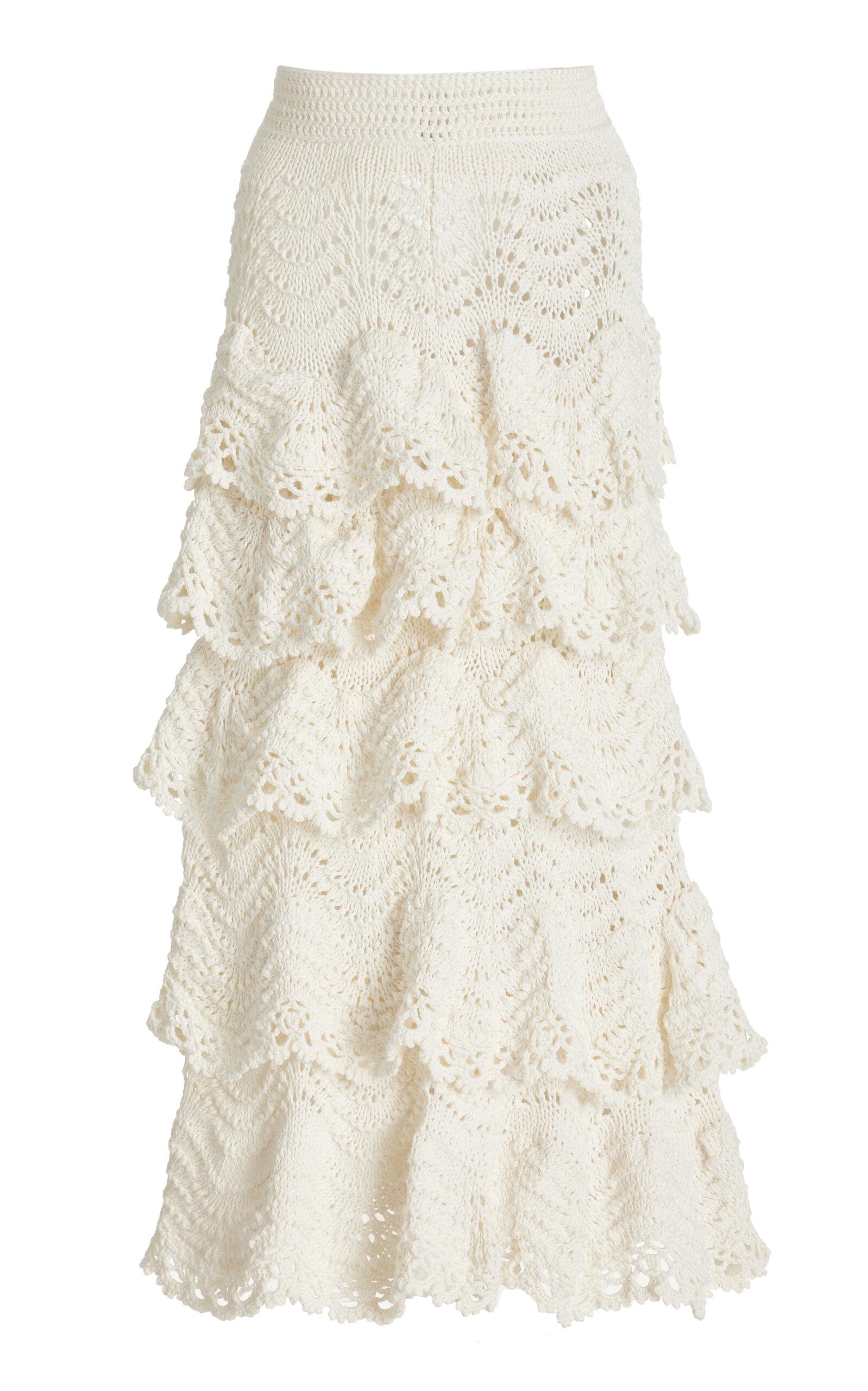 Oscar de la Renta Tiered Crocheted Cotton Midi Skirt in Natural Lyst
