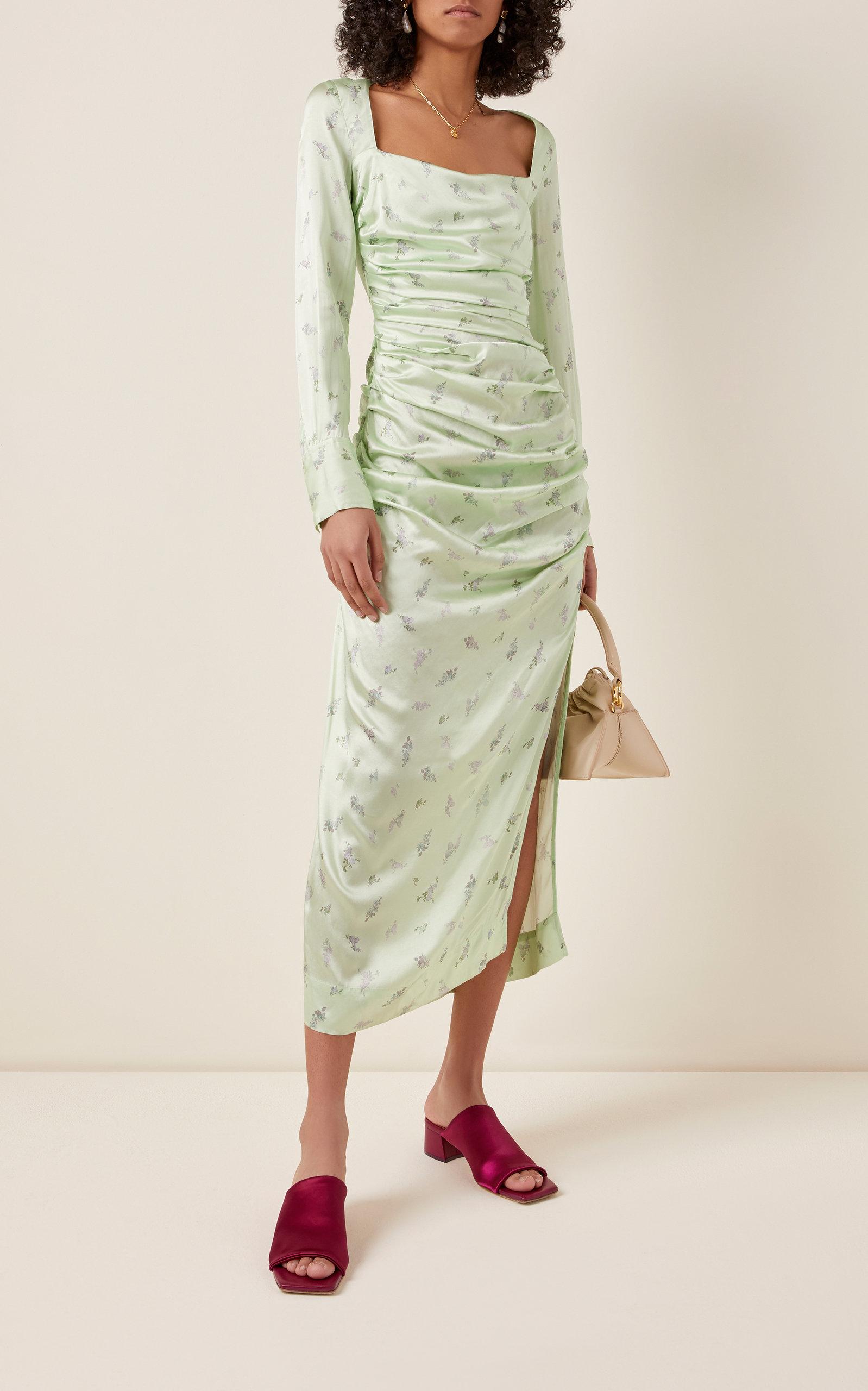 Ganni Floral-print Silk-blend Satin Midi Dress in Green | Lyst