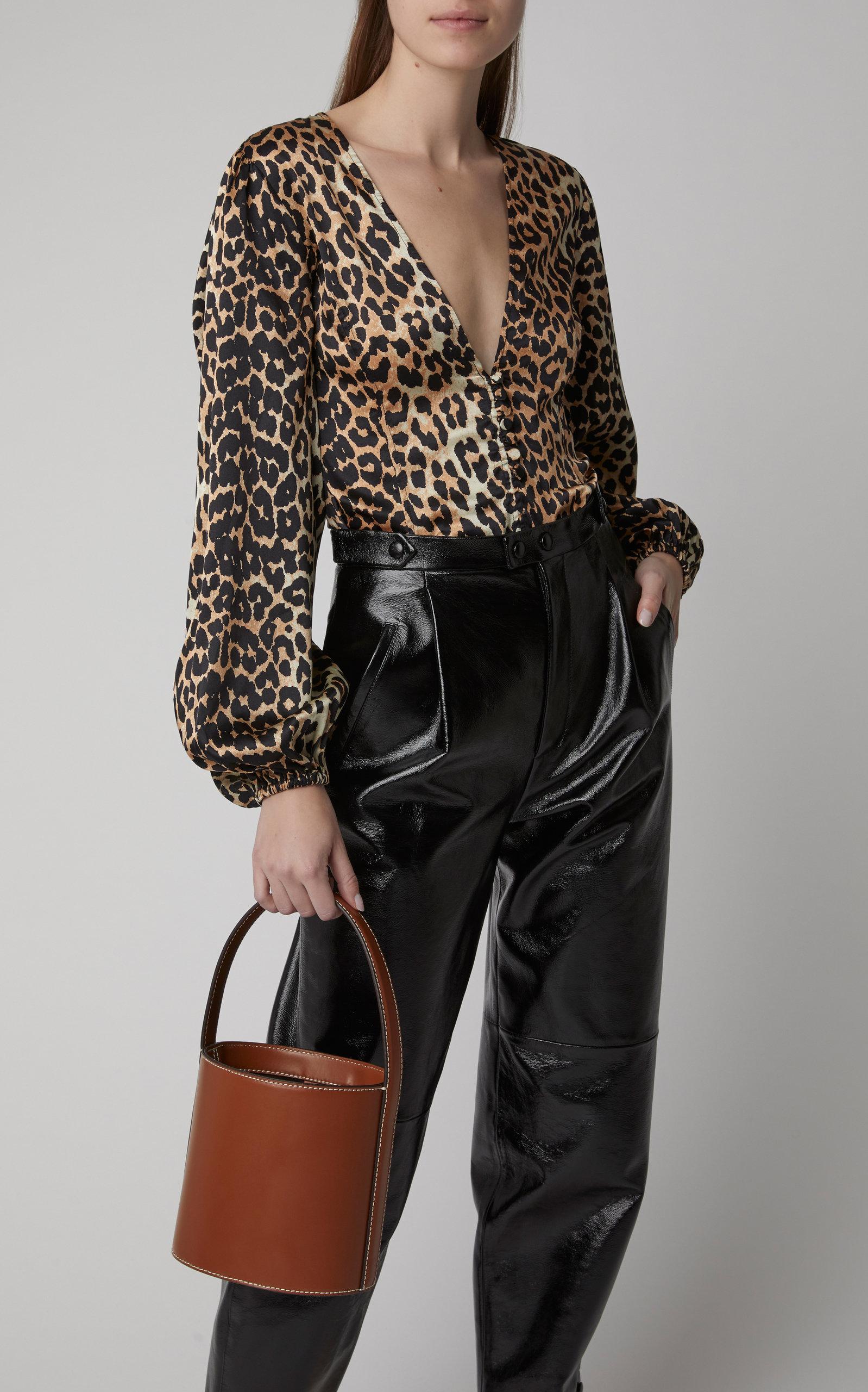 Ganni Leopard-print Silk-blend Satin Top - Lyst