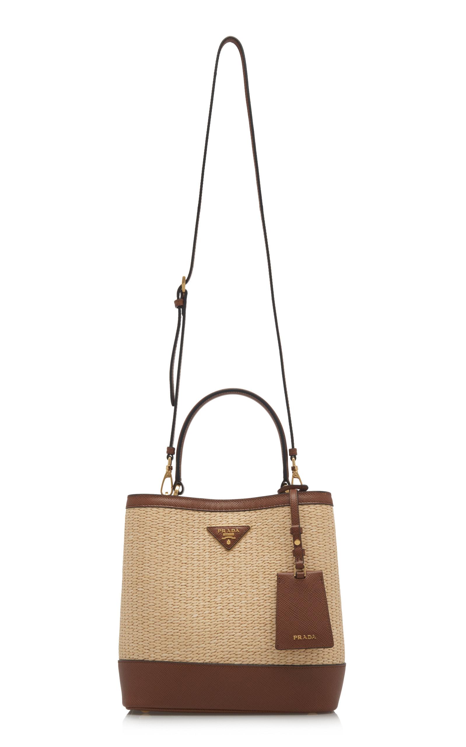 Prada Medium Raffia And Saffiano Leather Double Bucket Bag in Brown - Lyst
