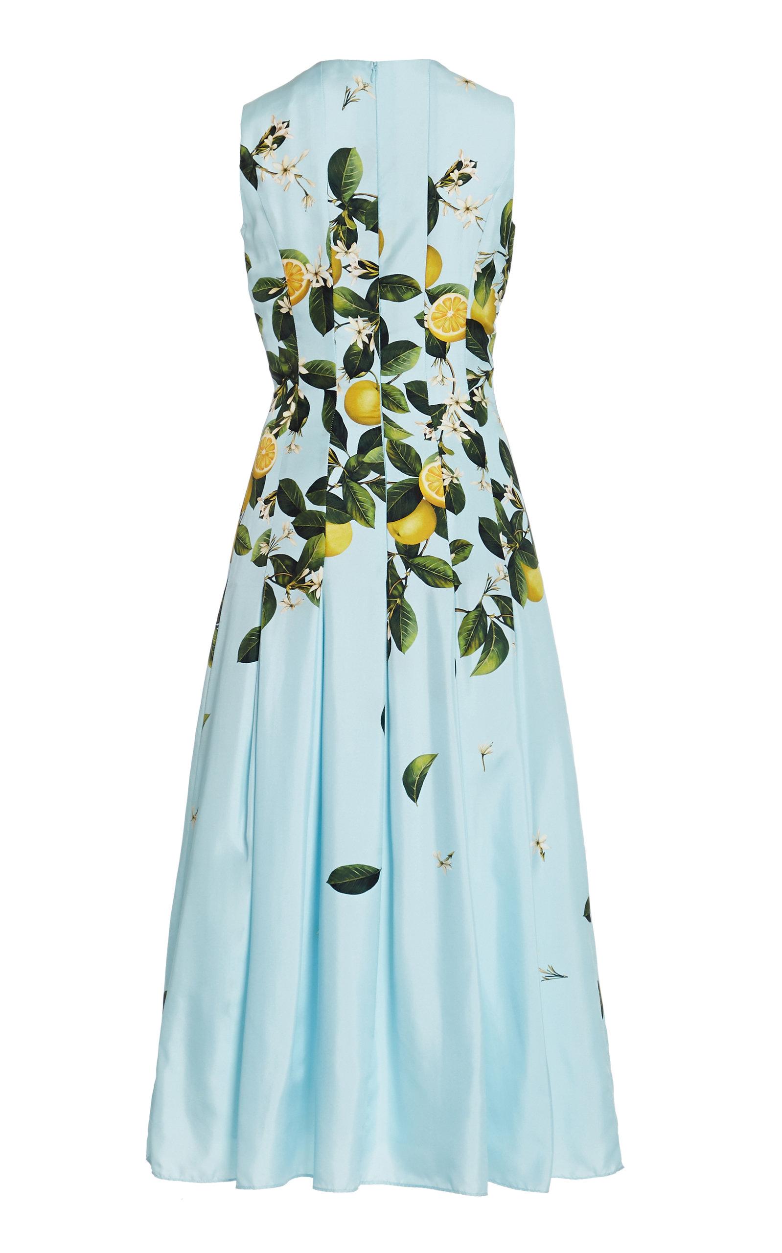 Oscar de la Renta Pleated Lemon-print Silk Midi Dress in Blue | Lyst UK