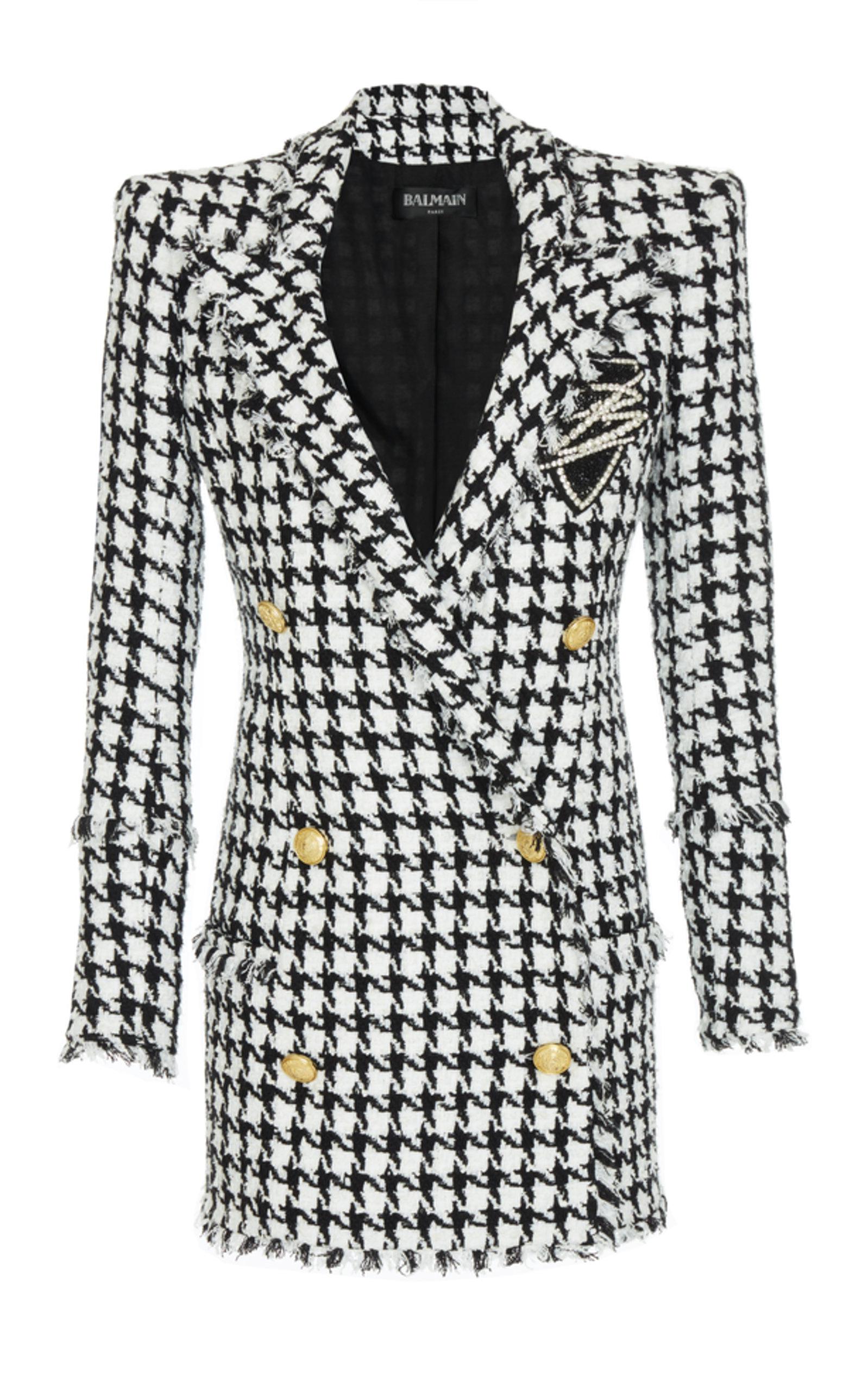 Balmain Tweed 6 Button Houndstooth Jacket in Black Lyst